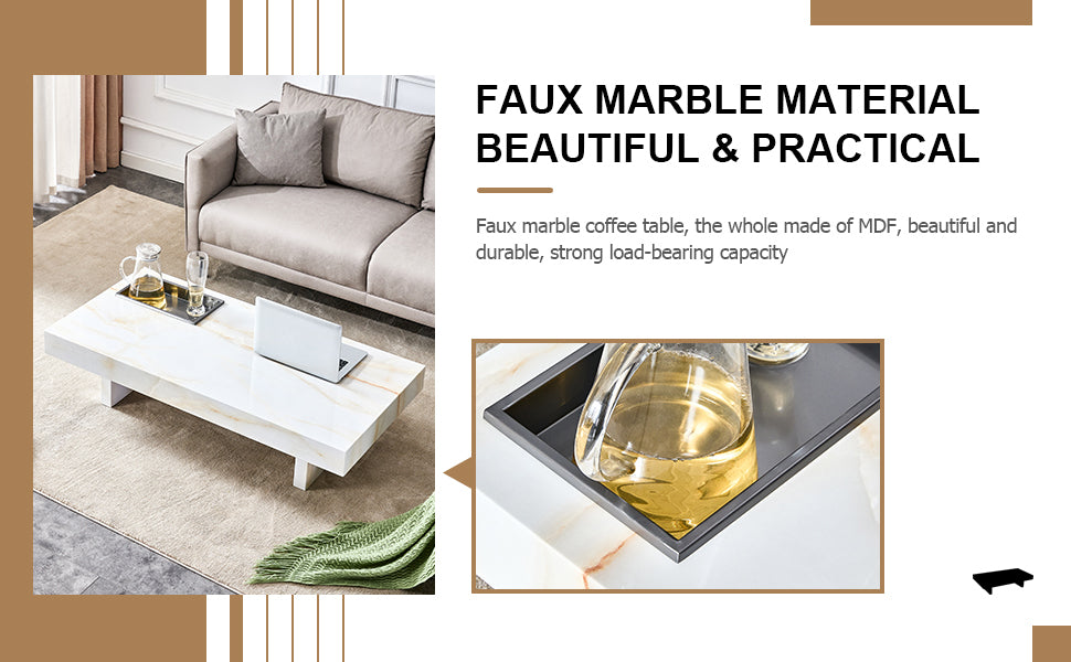 A Modern And Practical Coffee Table With Imitation Marble Patterns, Made Of Mdf Material. The Fusion Of Elegance And Natural Fashion 47.2"* 23.6"* 12 " White Mdf