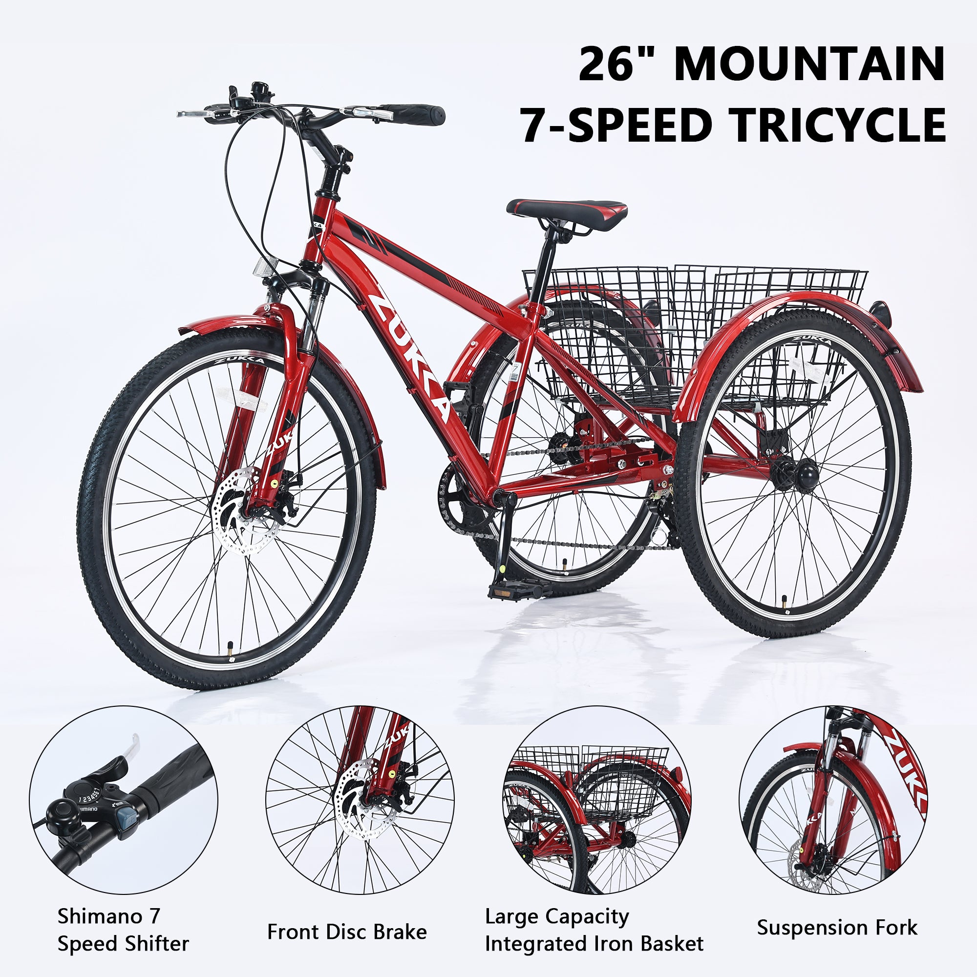 Adult Tricycle Bike,7 Speed Mountain Tricycle,26 Inch 3 Wheels,Comfort