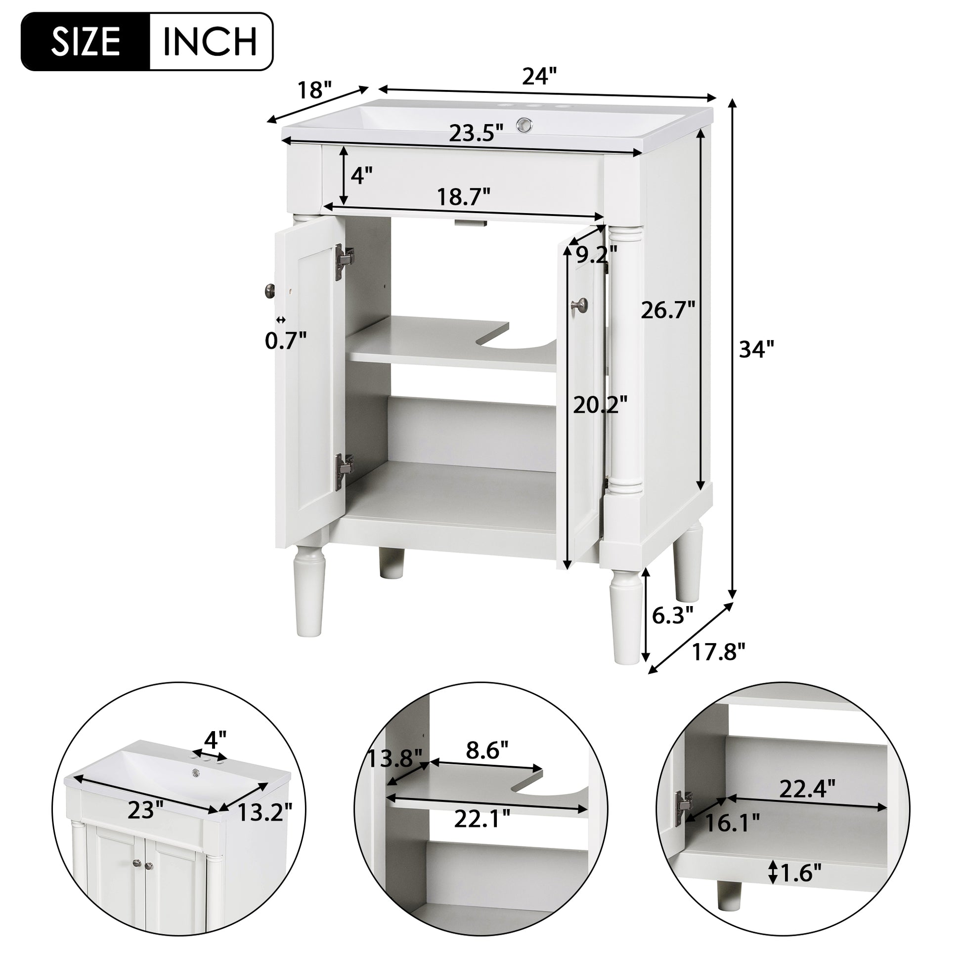 24'' Bathroom Vanity With Top Sink, 2 Tier Modern Bathroom Storage Cabinet, Single Sink Bathroom Vanity, Large Storage Shelves White Mdf