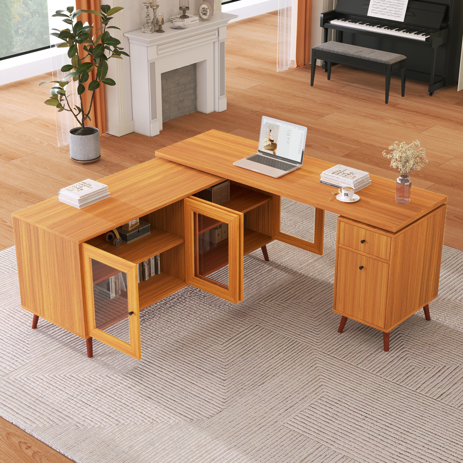 66.5" Modern L Shaped Executive Desk With Delicate Tempered Glass Cabinet Storage,Large Office Desk With Drawers,Business Furniture Desk Workstation For Home Office,Teak Teak Mdf