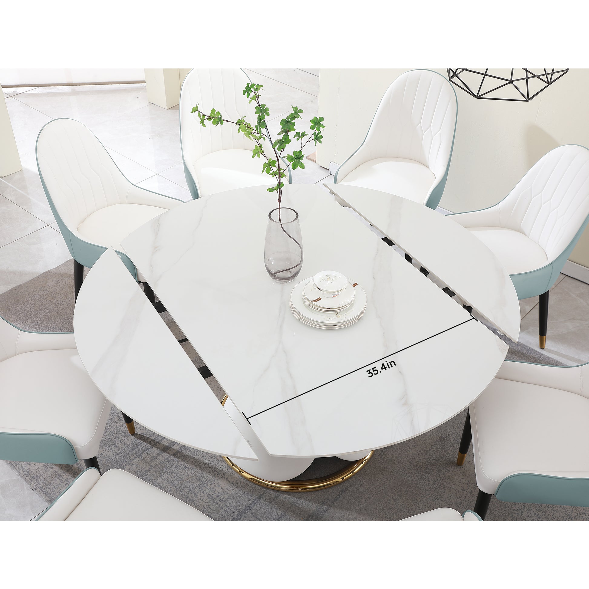 Fashion Modern Sinntered Stone Dining Table With Simple And Multi Functional Retractable Dining Table With 6 Chairs White Sintered Stone