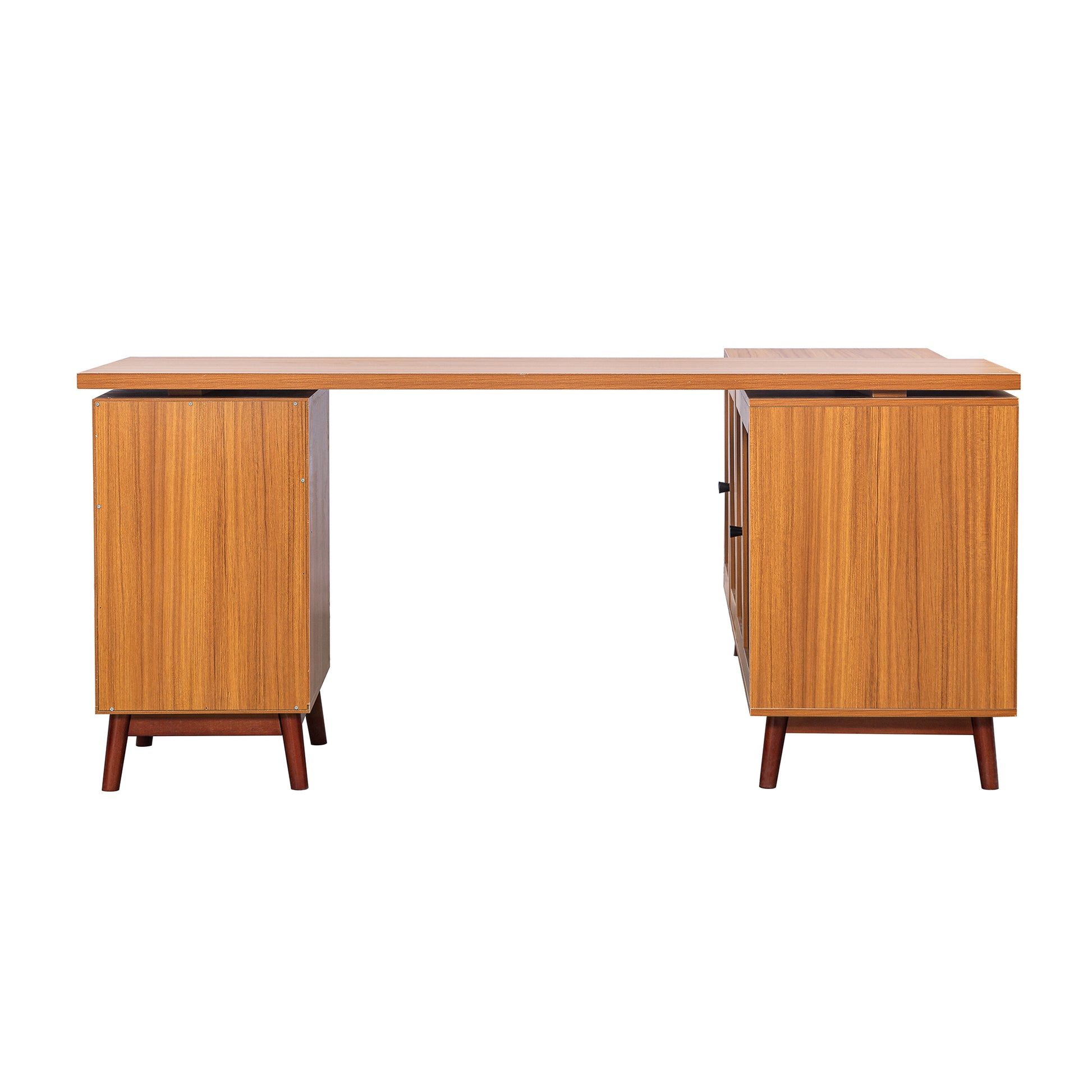 66.5" Modern L Shaped Executive Desk With Delicate Tempered Glass Cabinet Storage,Large Office Desk With Drawers,Business Furniture Desk Workstation For Home Office,Teak Teak Mdf