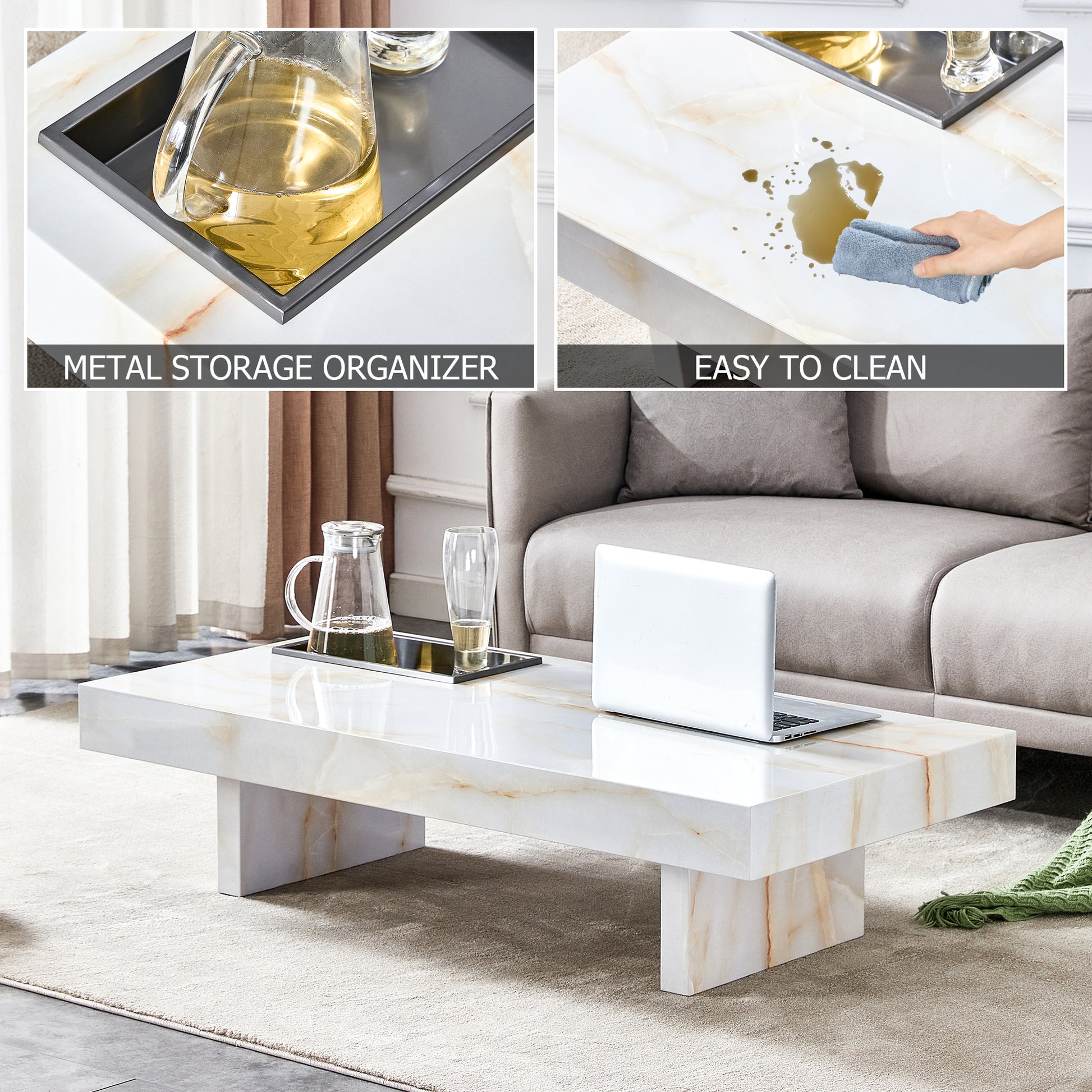 A Modern And Practical Coffee Table With Imitation Marble Patterns, Made Of Mdf Material. The Fusion Of Elegance And Natural Fashion 47.2"* 23.6"* 12 " White Mdf