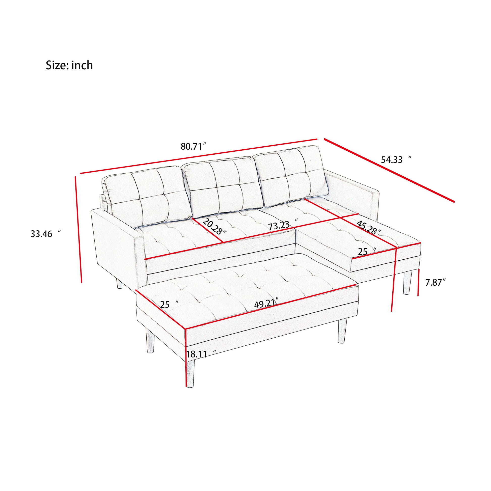 Pink Fabric Right Facing Sectional Sofa Bedl Shape Sofa Chaise Lounge With Ottoman Bench Pink Wood Tufted Back Square Arms Foam Fabric 3 Seat