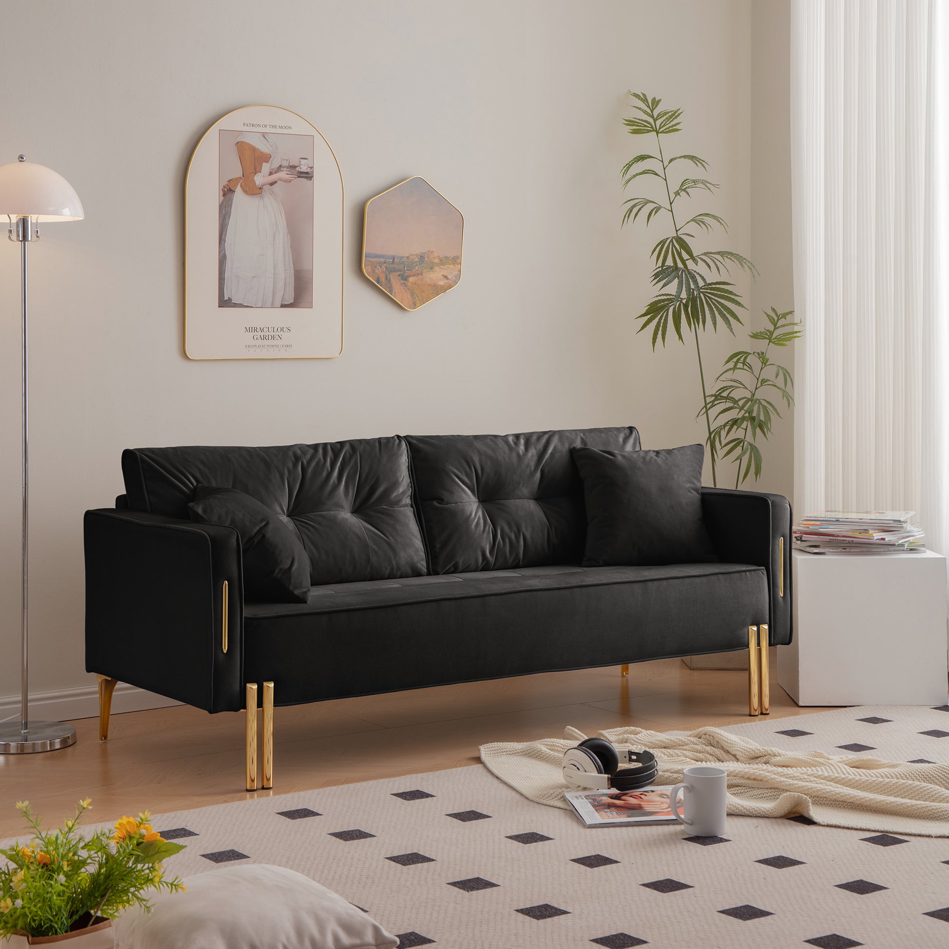 70" Velvet Sofa Couch Luxury Modern Upholstered 3 Seater Sofa With 2 Pillows For Living Room, Apartment And Small Space Black Modern Foam Velvet 3 Seat