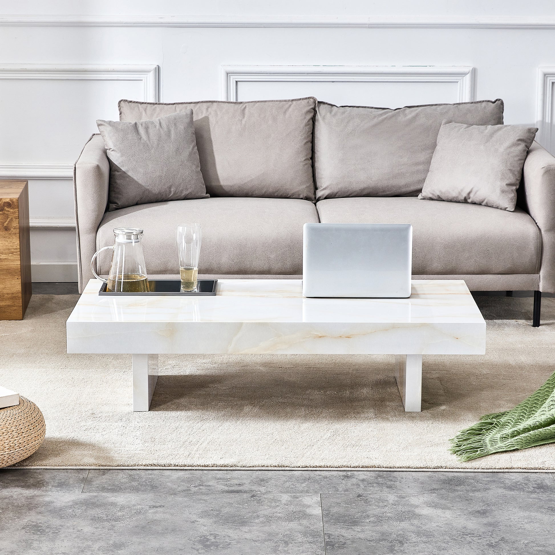 A Modern And Practical Coffee Table With Imitation Marble Patterns, Made Of Mdf Material. The Fusion Of Elegance And Natural Fashion 47.2"* 23.6"* 12 " White Mdf