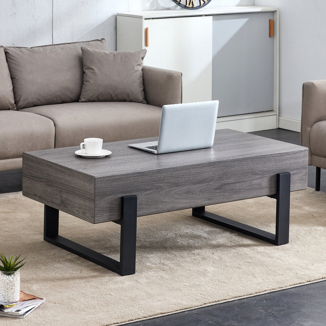 A Rustic Gray Wood Grain Mdf Coffee Table With Black Metal Legs An Elegant Space In Natural Wood Tones Grey Mdf