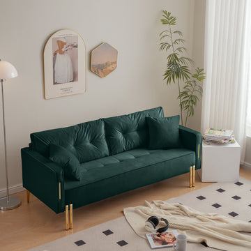 70" Velvet Sofa Couch Luxury Modern Upholstered 3 Seater Sofa With 2 Pillows For Living Room, Apartment And Small Space Green Modern Foam Velvet 3 Seat