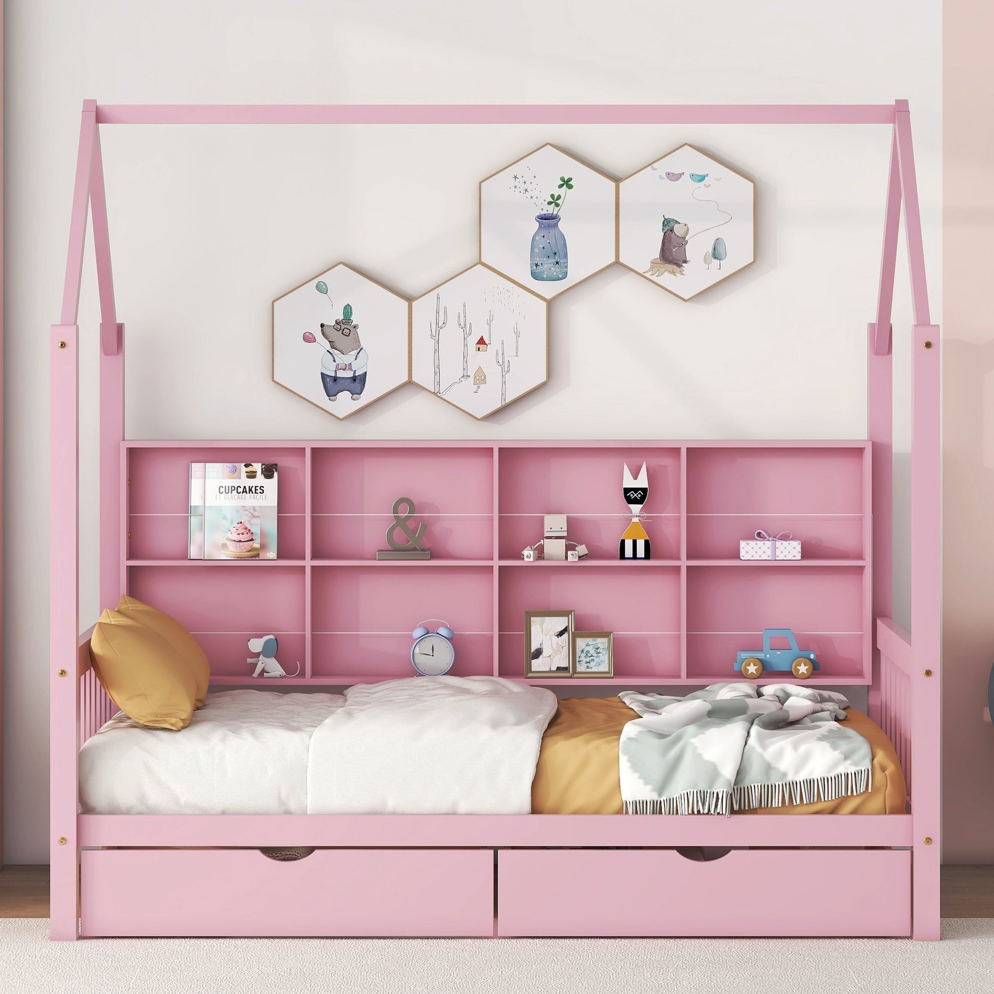 Wooden Twin Size House Bed with 2 Drawers,Kids Bed pink-solid wood