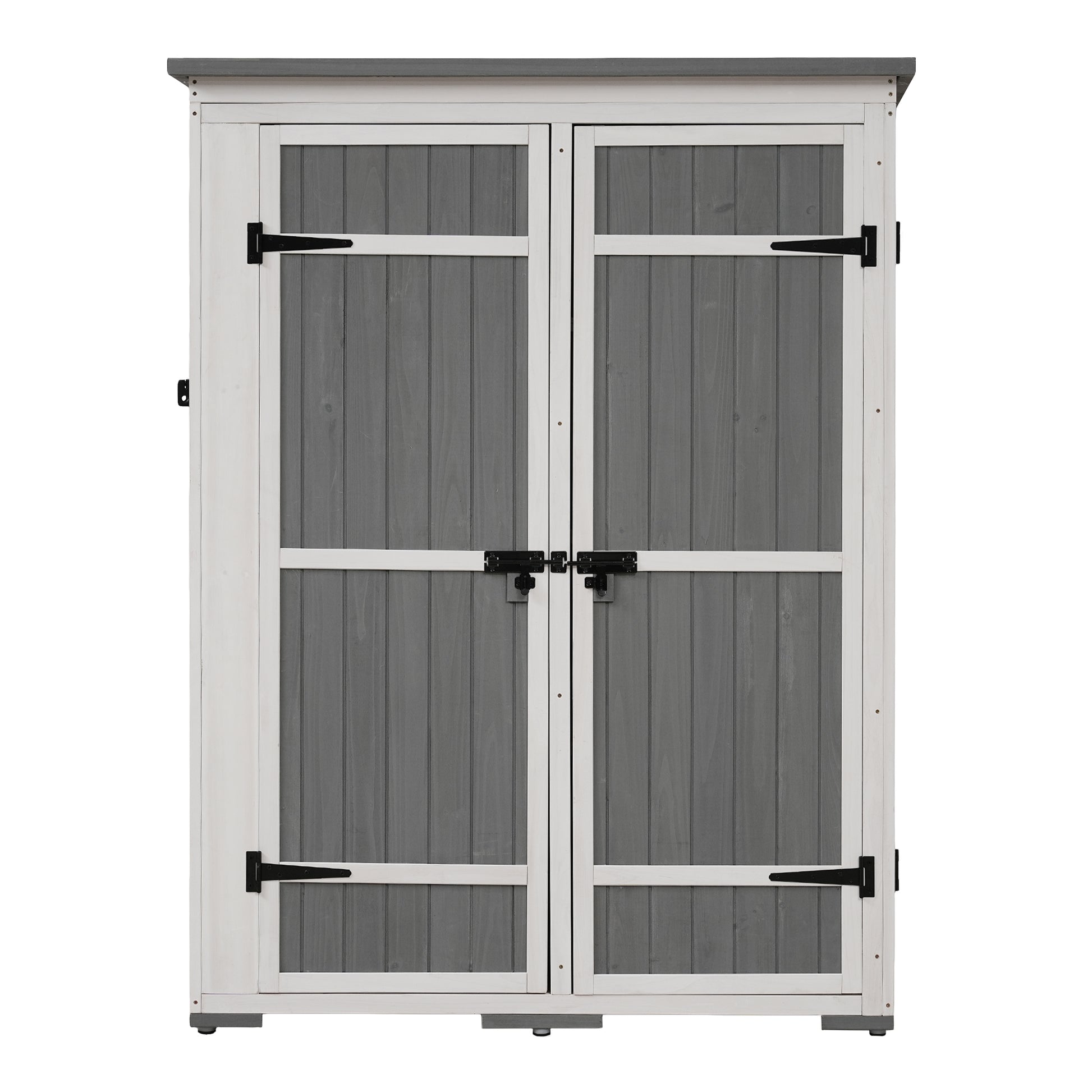 Outdoor 5.5Ft Hx4.1Ft L Wood Storage Shed, Garden Tool Cabinet With Waterproof Asphalt Roof, Four Lockable Doors, Multiple Tier Shelves, White And Gray White Gray Water Resistant Frame Garden &