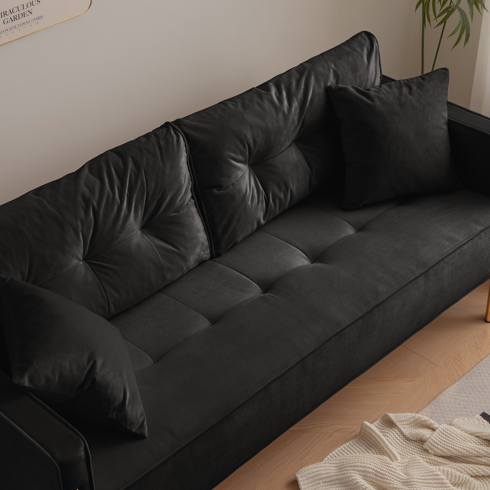 70" Velvet Sofa Couch Luxury Modern Upholstered 3 Seater Sofa With 2 Pillows For Living Room, Apartment And Small Space Black Modern Foam Velvet 3 Seat