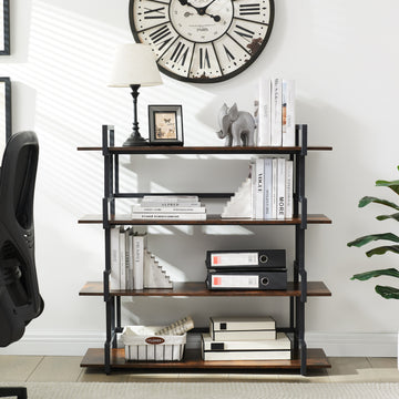 4 Tier Office Bookcase Shelf Rustic Wood Metal Bookshelves Freestanding Open Book Shelf, Industrial Tall Corner Bookcase Easy To Assemble For Home Office, Living Room And Bedroom Brown Office American Design,Rustic Metal & Wood