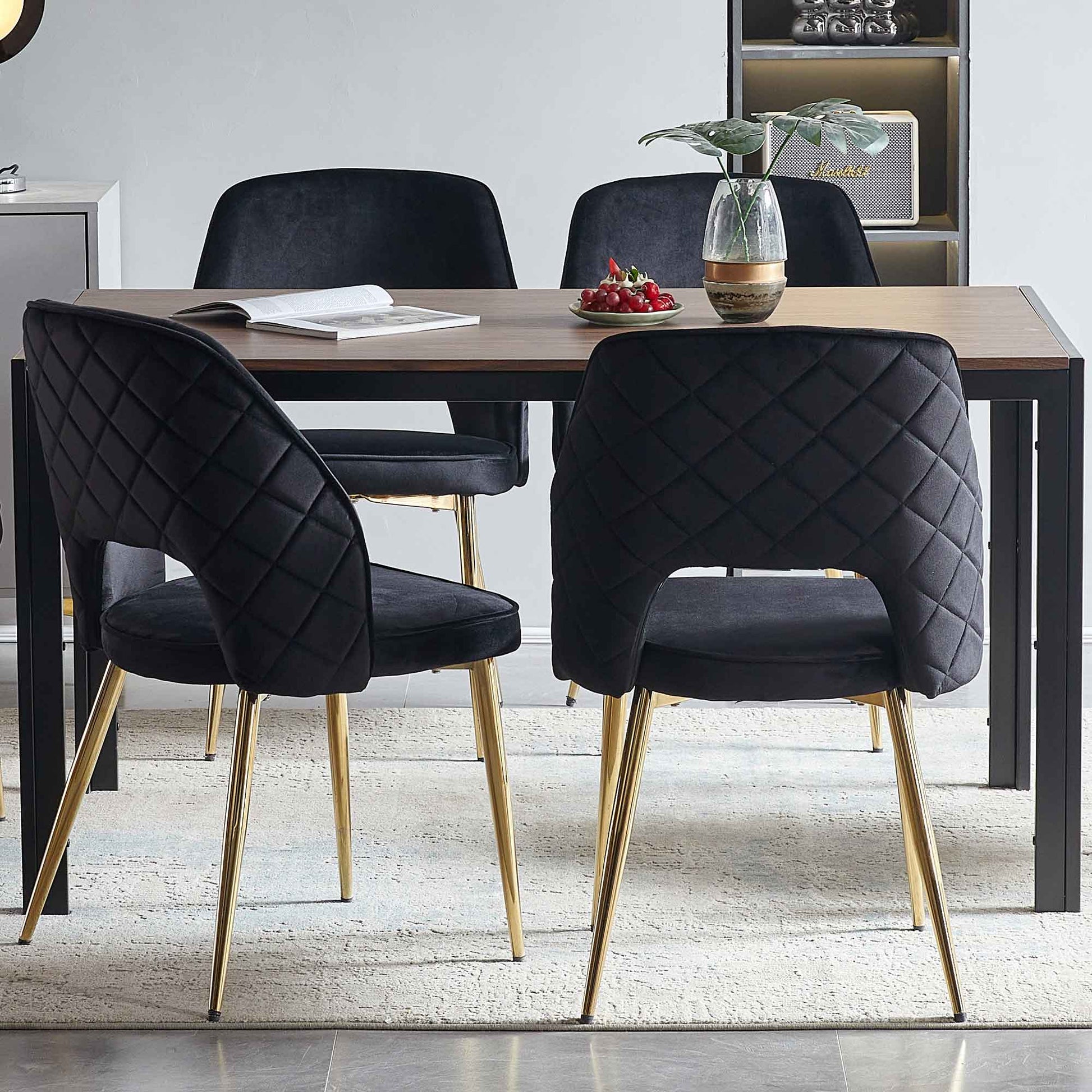 Black Velvet Dining Chairs With Metal Legs And Hollow Back Upholstered