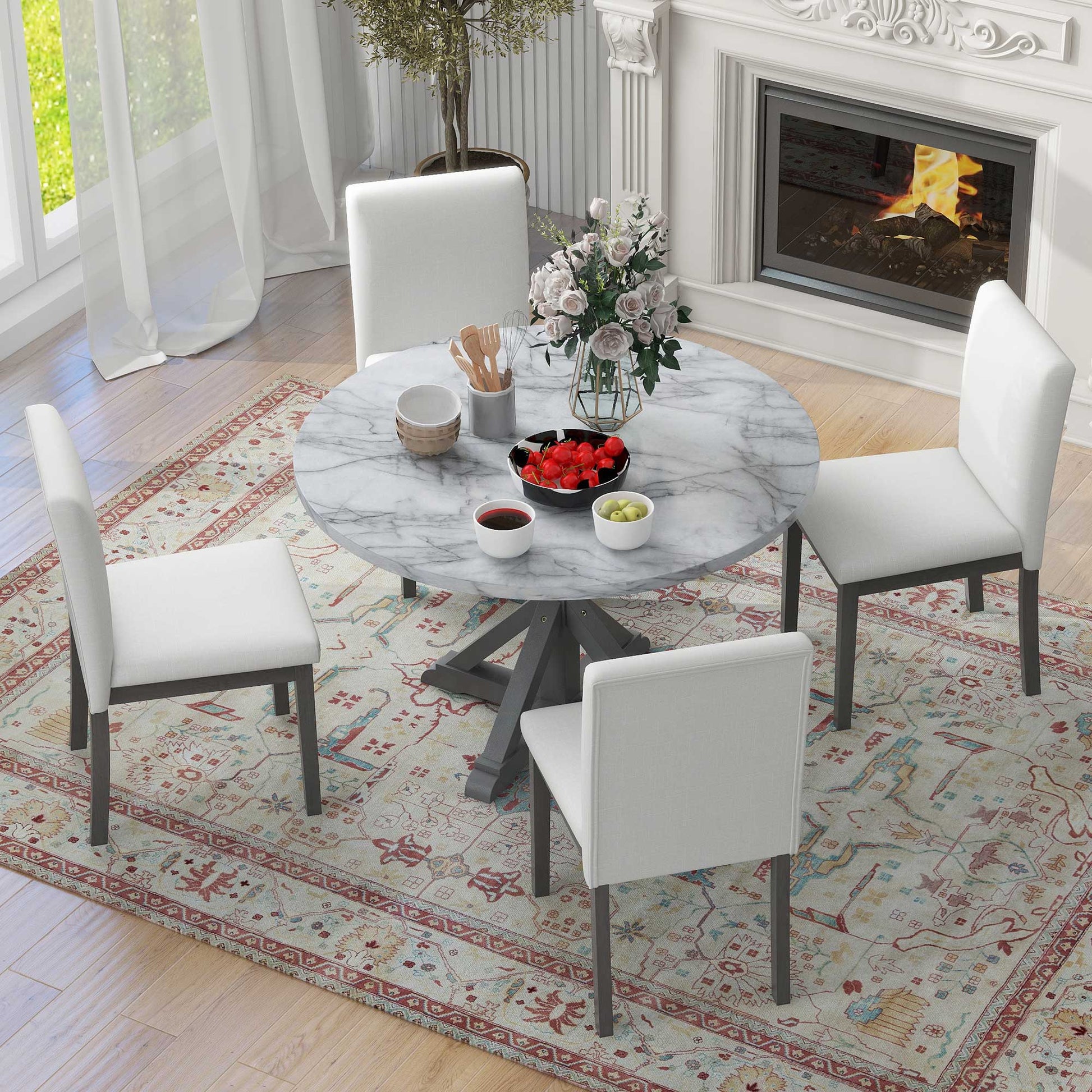 5 Piece Farmhouse Style Dining Table Set, Marble Sticker And Cross Bracket Pedestal Dining Table, And 4 Upholstered Chairs White Gray Upholstered Chair Wood White Gray Seats 4 Wood Dining Room