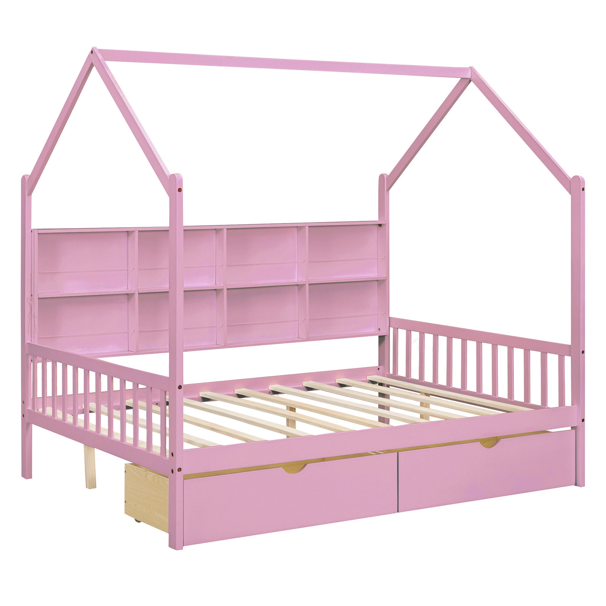 Wooden Full Size House Bed with 2 Drawers,Kids Bed pink-solid wood