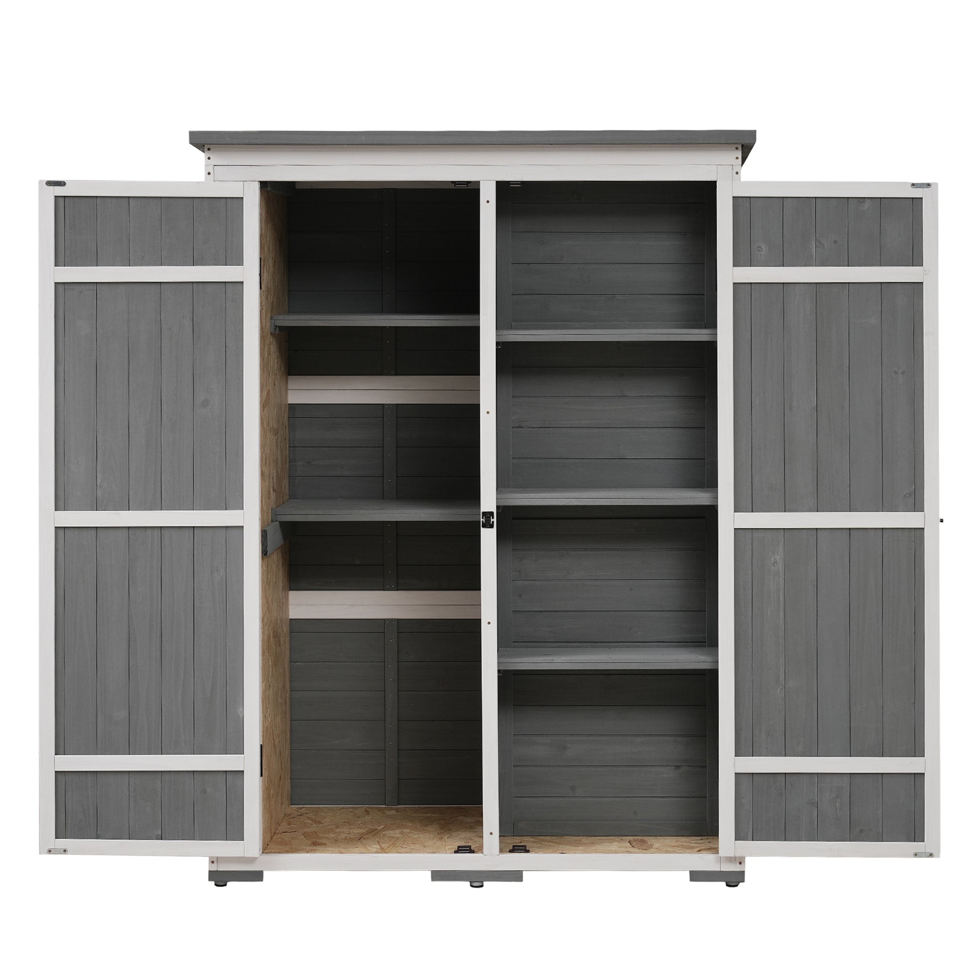 Outdoor 5.5Ft Hx4.1Ft L Wood Storage Shed, Garden Tool Cabinet With Waterproof Asphalt Roof, Four Lockable Doors, Multiple Tier Shelves, White And Gray White Gray Water Resistant Frame Garden &