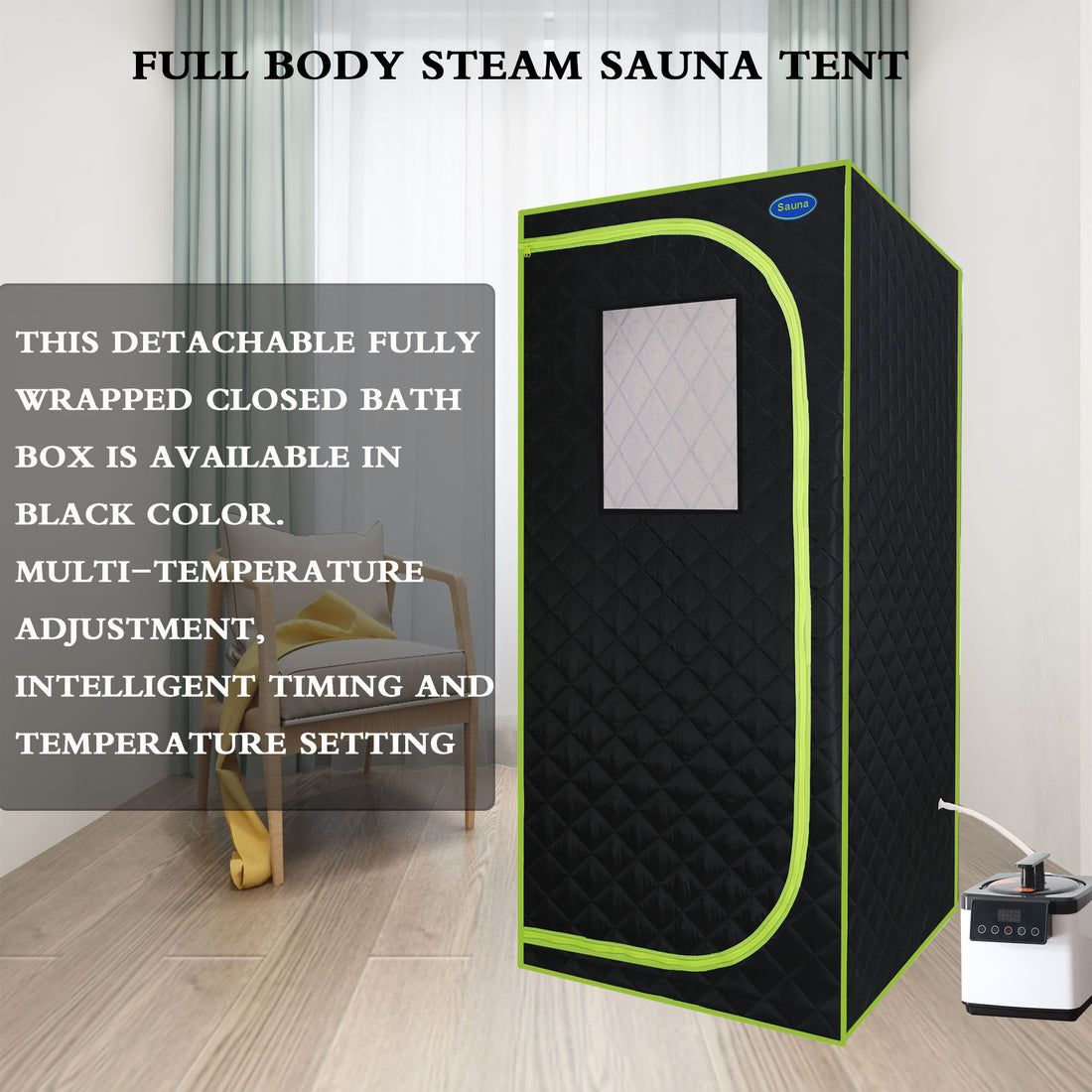 Portable Plus Type Full Size Steam Sauna Tent. Spa, Detox ,Therapy And Relaxation At Home.Larger Space,Stainless Steel Connector Easy To Install, With Fcc Certification Black Green Binding Black Polyester