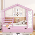 Full Size Wood House Bed With Fence And Writing Board, Pink Pink Solid Wood