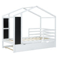 Twin Size Wood House Bed With Fence And Writing Board, White White Solid Wood