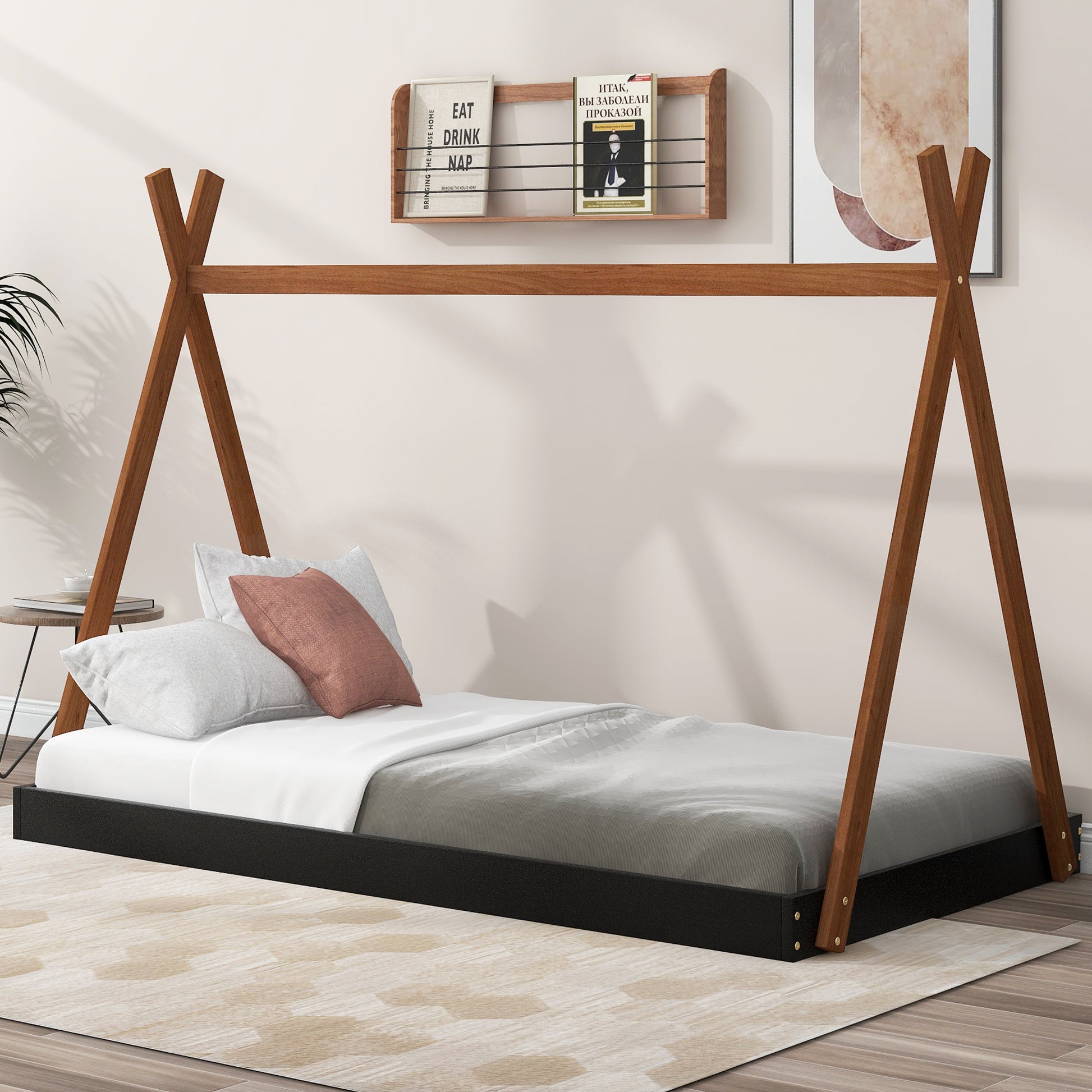 tent bed frame Twin Size Tent Floor Bed With Triangle Structure, Black Brown Twin Box
