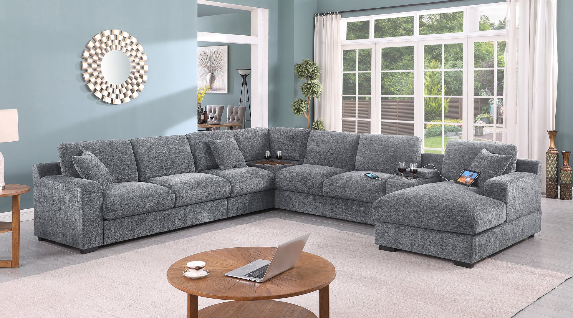 Celine 141.5" Light Gray Chenille Fabric Corner Sectional Sofa With Right Facing Chaise, Cupholders, And Charging Ports Light Gray Chenille