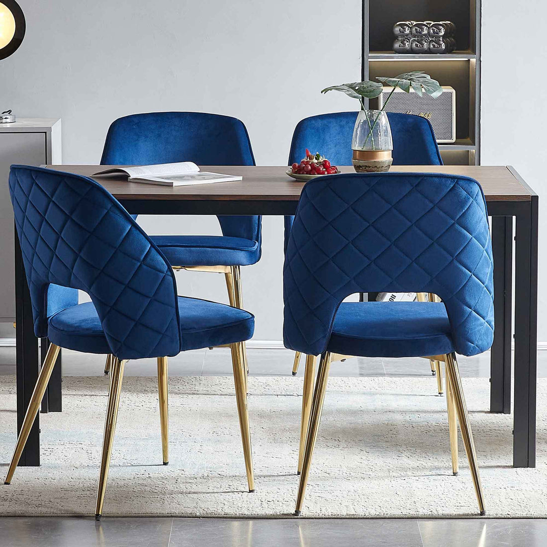 Blue Velvet Dining Chairs With Metal Legs And Hollow Back Upholstered Dining Chairs Set Of 4 Blue Dining Room Modern Dining Chairs Velvet