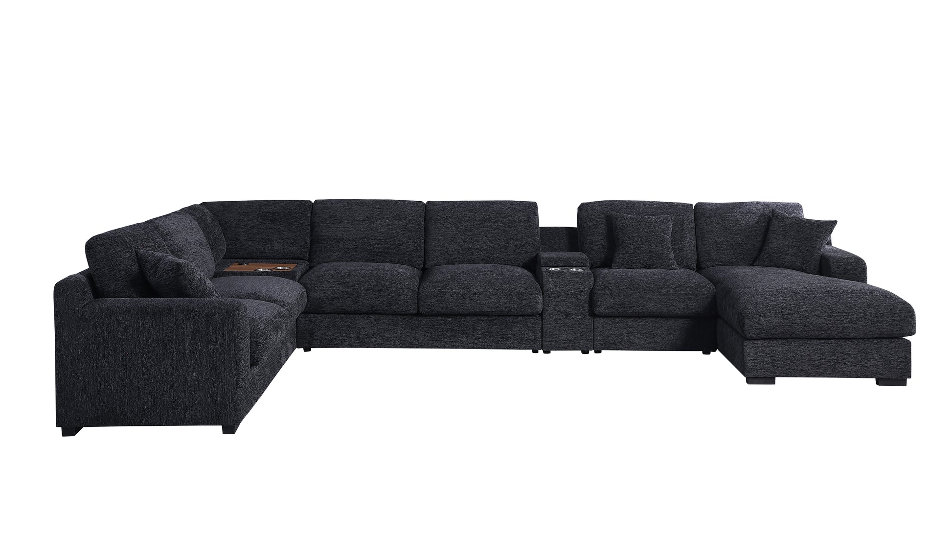 Celine 141.5" Dark Gray Chenille Fabric Corner Sectional Sofa With Right Facing Chaise, Cupholders, And Charging Ports Dark Gray Chenille