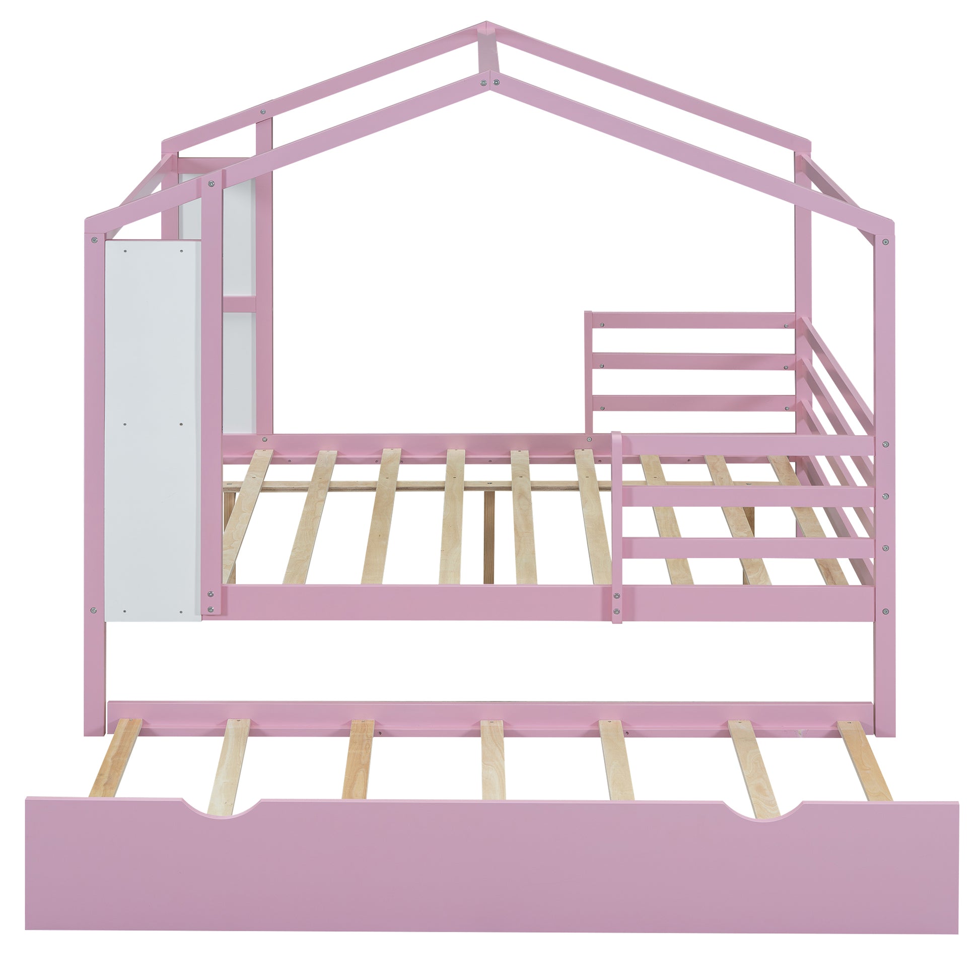 Full Size Wood House Bed With Fence And Writing Board, Pink Pink Solid Wood