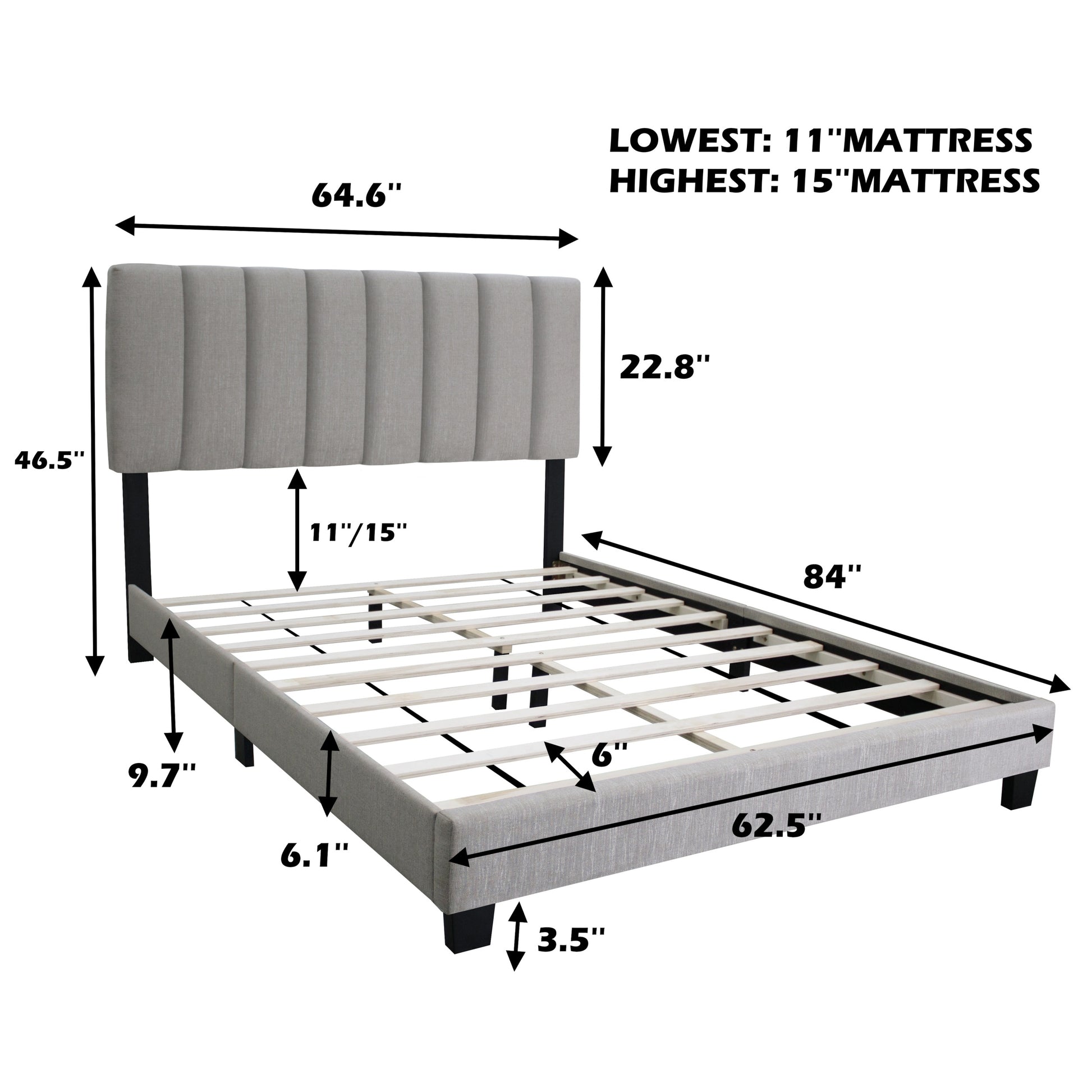 Gray Queen Size Adjustable Upholstered Bed Frame, Vintage Style And Clean Line Design, Popular Style Box Spring Not Required Queen Gray Wood Espresso Bedroom American Design,Minimalist,Modern,Ultra Modern Rubberwood Adjustable Bedbase Fiber Foam And