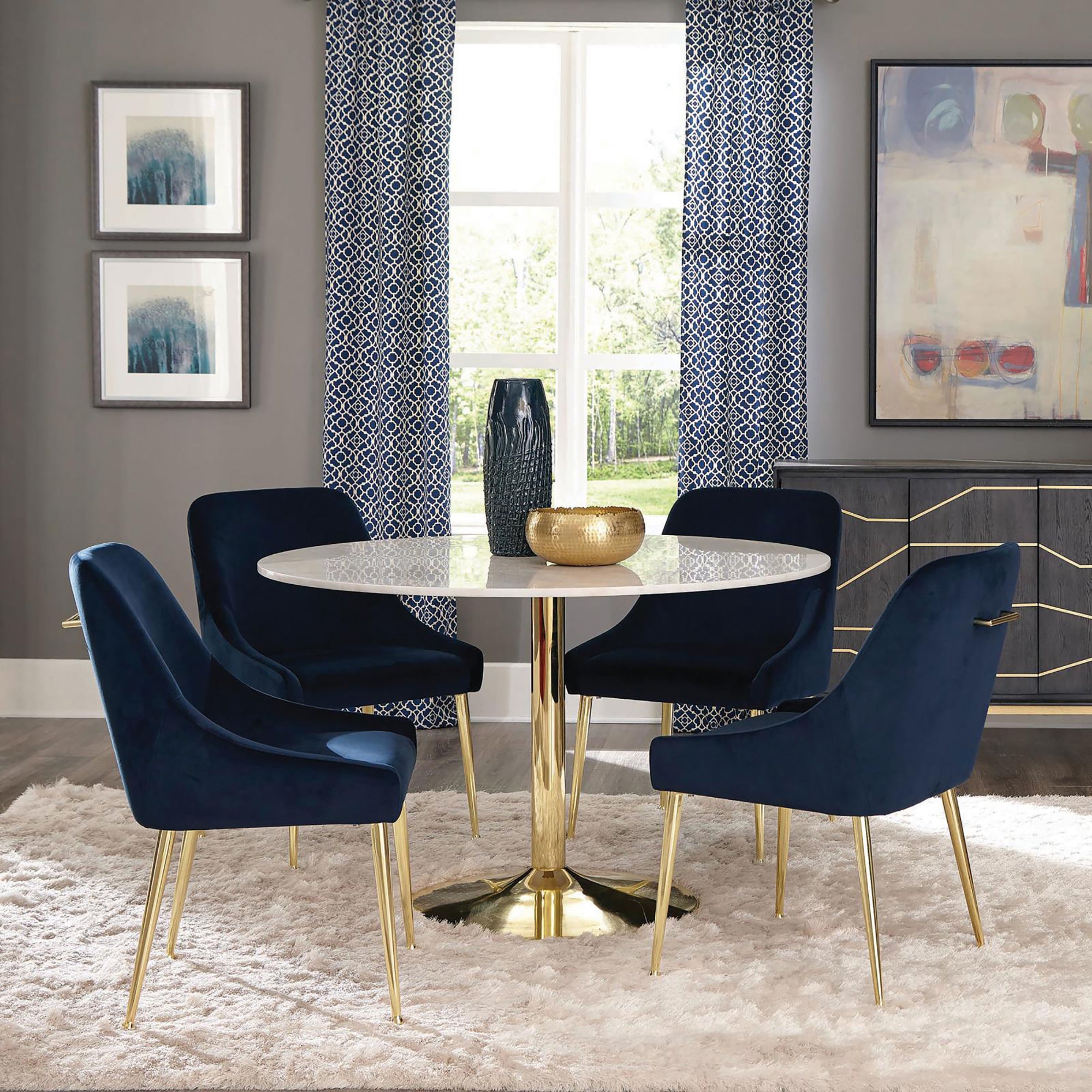 Dark Ink Blue and Gold Wingback Dining Chair Set