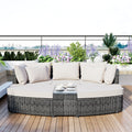 6 Piece Patio Outdoor Conversation Round Sofa Set, Pe Wicker Rattan Separate Seating Group With Coffee Table, Beige Yes Deep Seating Beige Weather Resistant Frame Water Resistant Cushion Garden & Outdoor Sofa Seating Groups Foam Rattan
