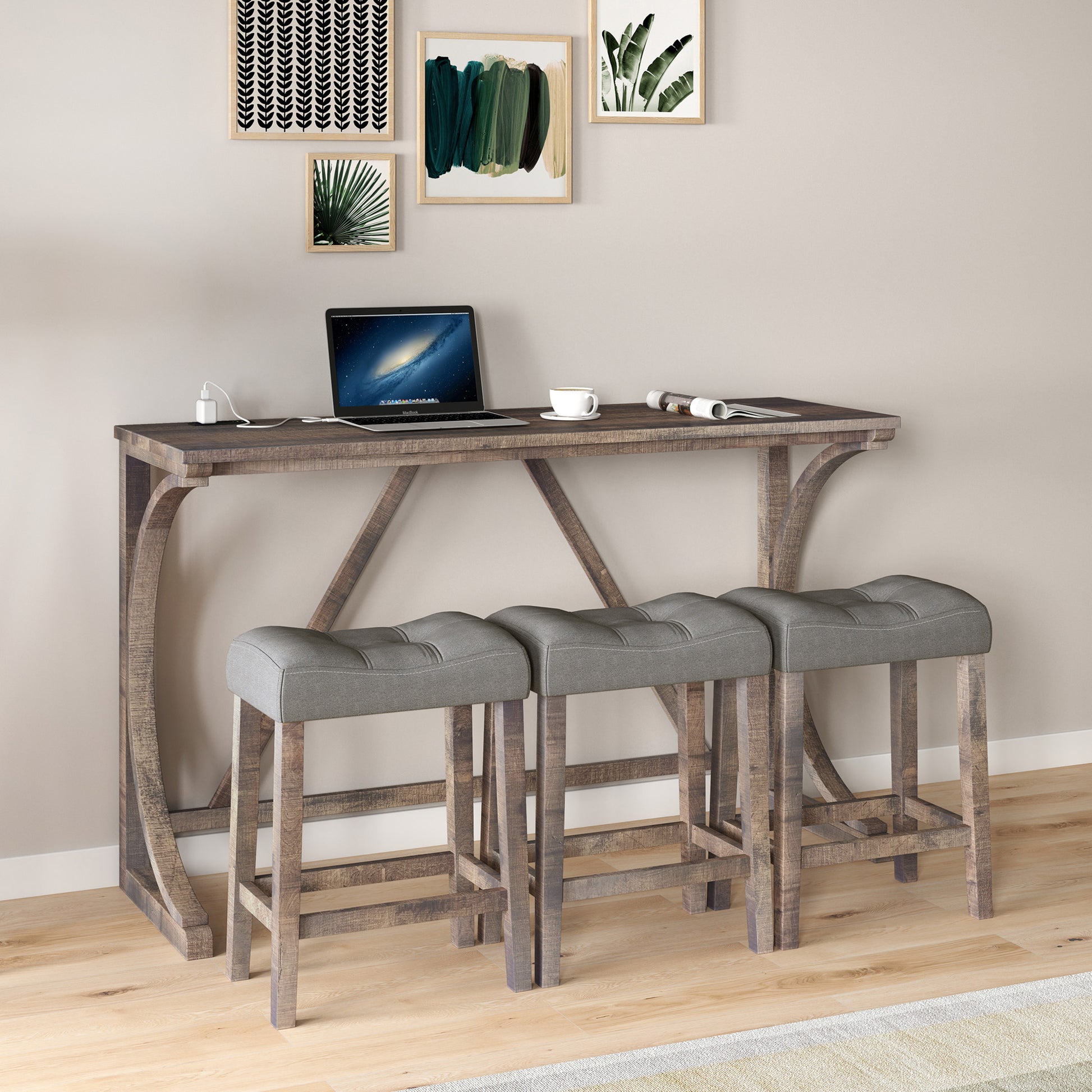 Bar Table Set With Power Outlet, Bar Table And Chairs Set, 4 Piece Dining Table Set, Industrial Breakfast Table Set, For Living Room, Dining Room, Game Room Brown Yellow Solid Wood Mdf