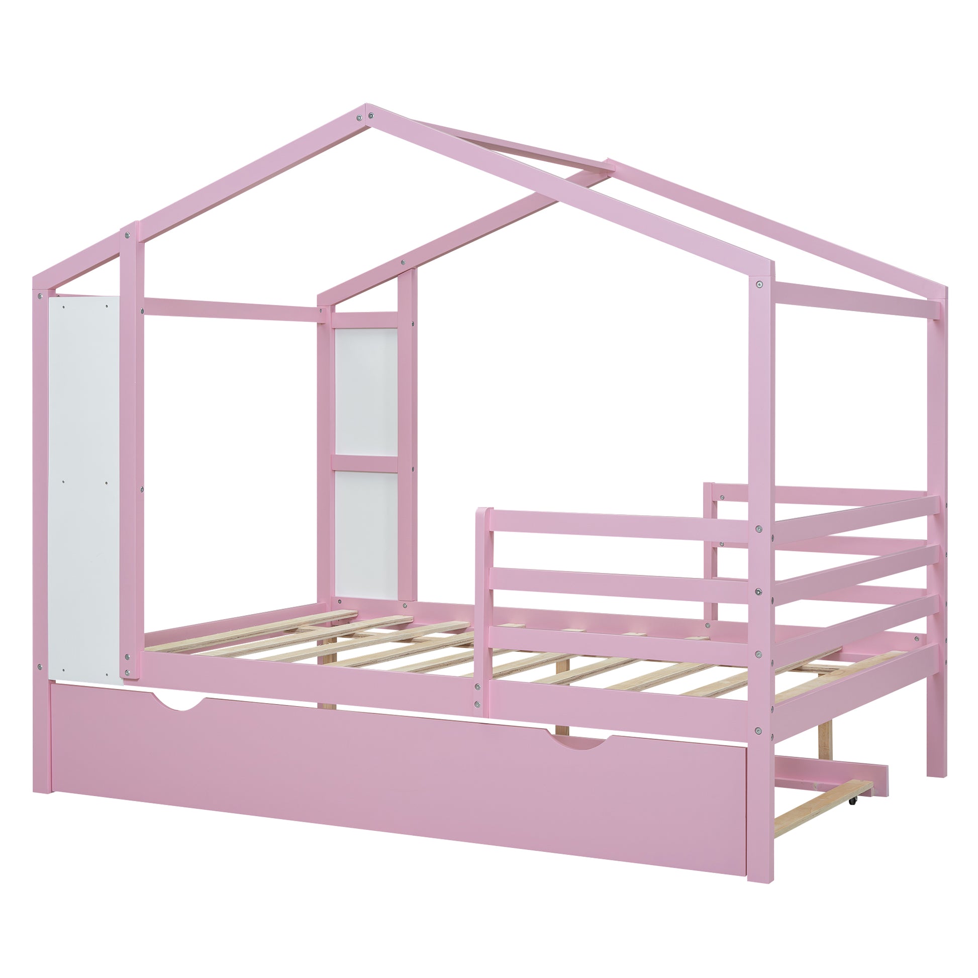 Full Size Wood House Bed With Fence And Writing Board, Pink Pink Solid Wood