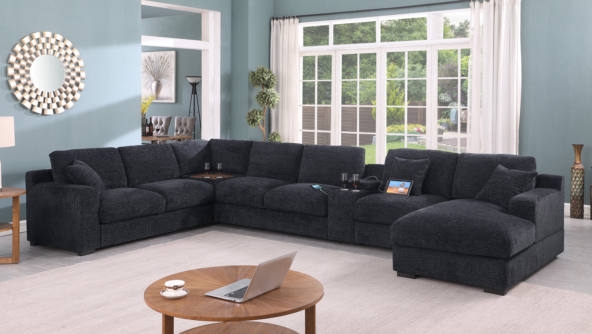 Celine 141.5" Dark Gray Chenille Fabric Corner Sectional Sofa With Right Facing Chaise, Cupholders, And Charging Ports Dark Gray Chenille