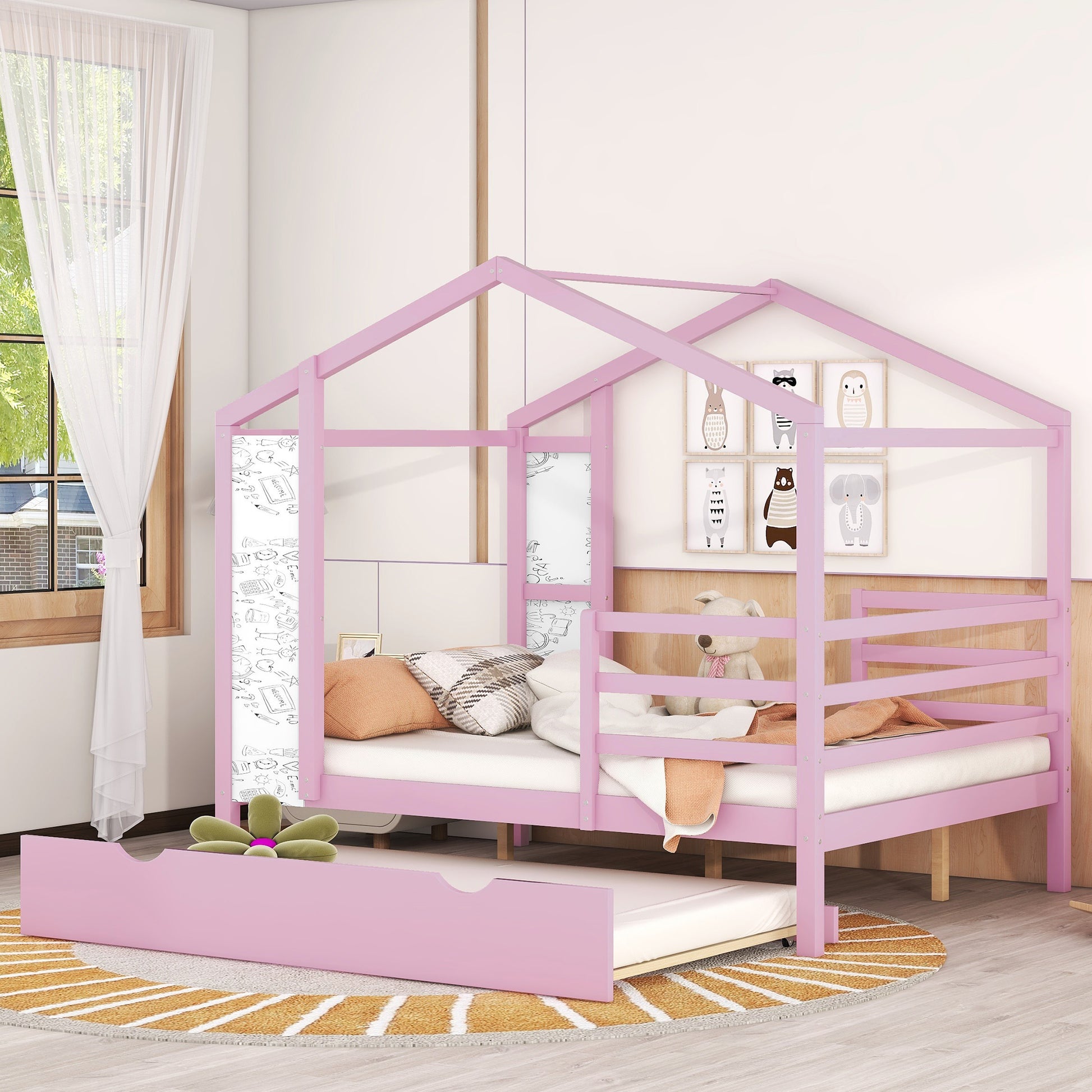 Full Size Wood House Bed With Fence And Writing Board, Pink Pink Solid Wood
