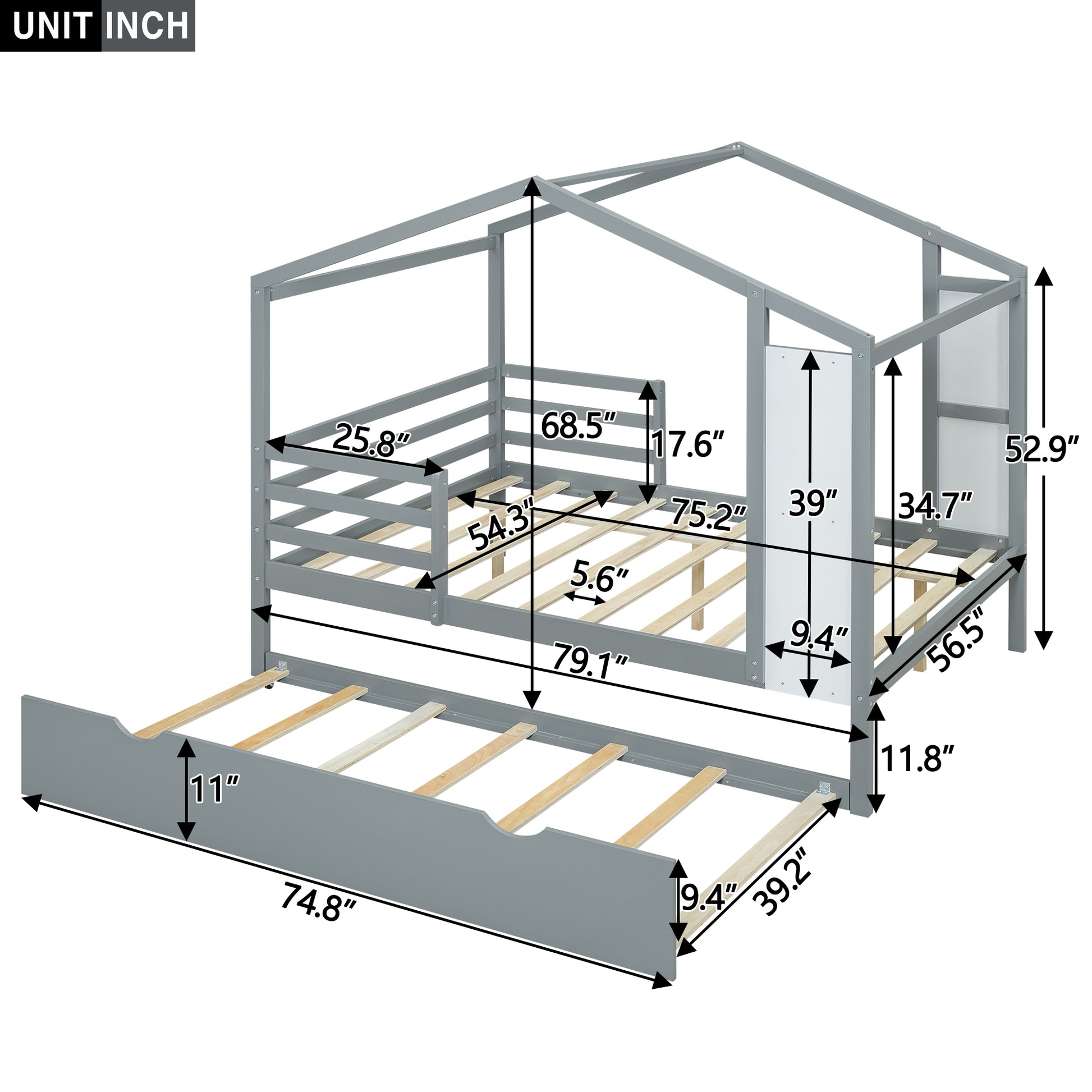 Full Size Wood House Bed With Fence And Writing Board, Gray Gray Solid Wood