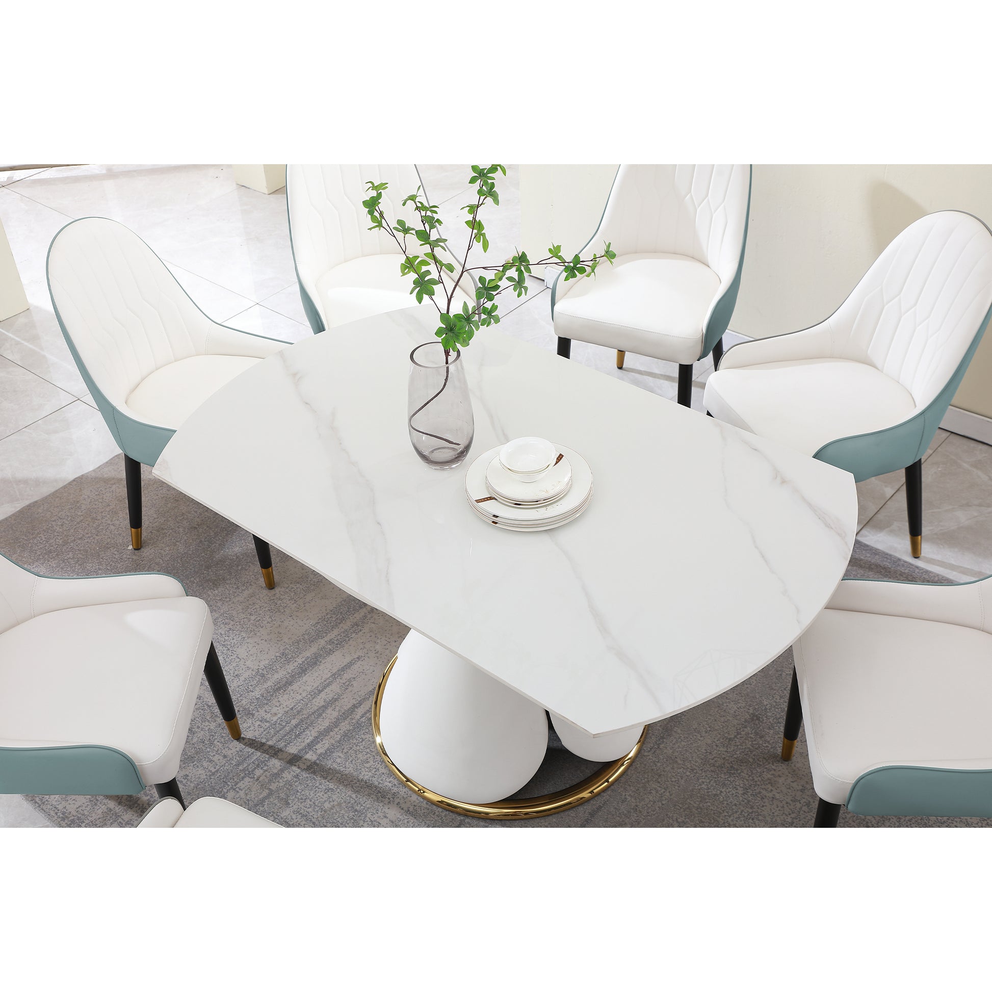 Fashion Modern Sinntered Stone Dining Table With Simple And Multi Functional Retractable Dining Table With 6 Chairs White Sintered Stone