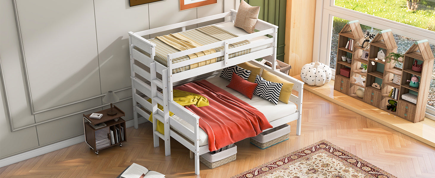 Wood Twin Xl Over Queen Bunk Bed With Ladder, White Box Spring Not Required White Wood Bedroom Bunk Solid Wood Mdf