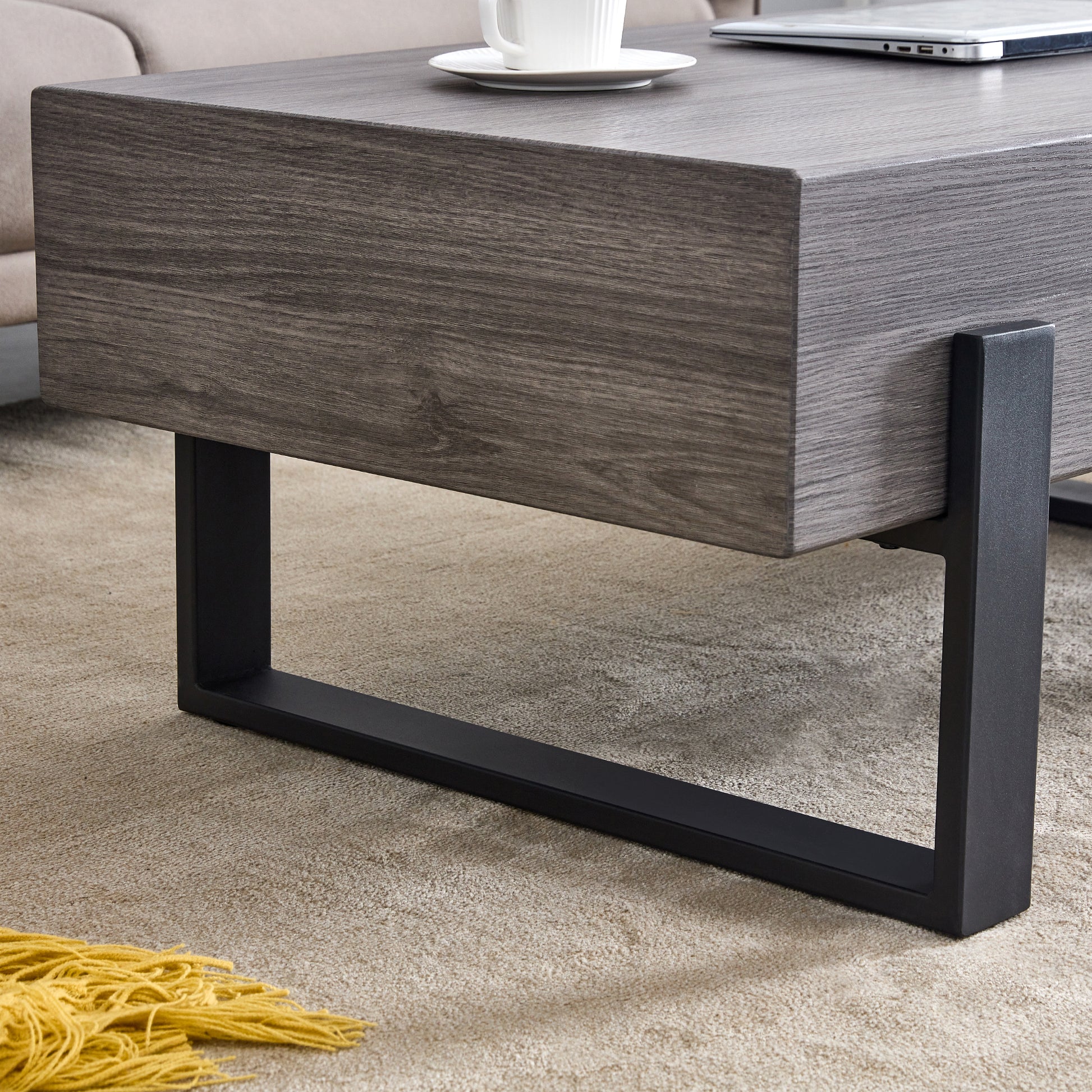 A Rustic Gray Wood Grain Mdf Coffee Table With Black Metal Legs An Elegant Space In Natural Wood Tones Grey Mdf