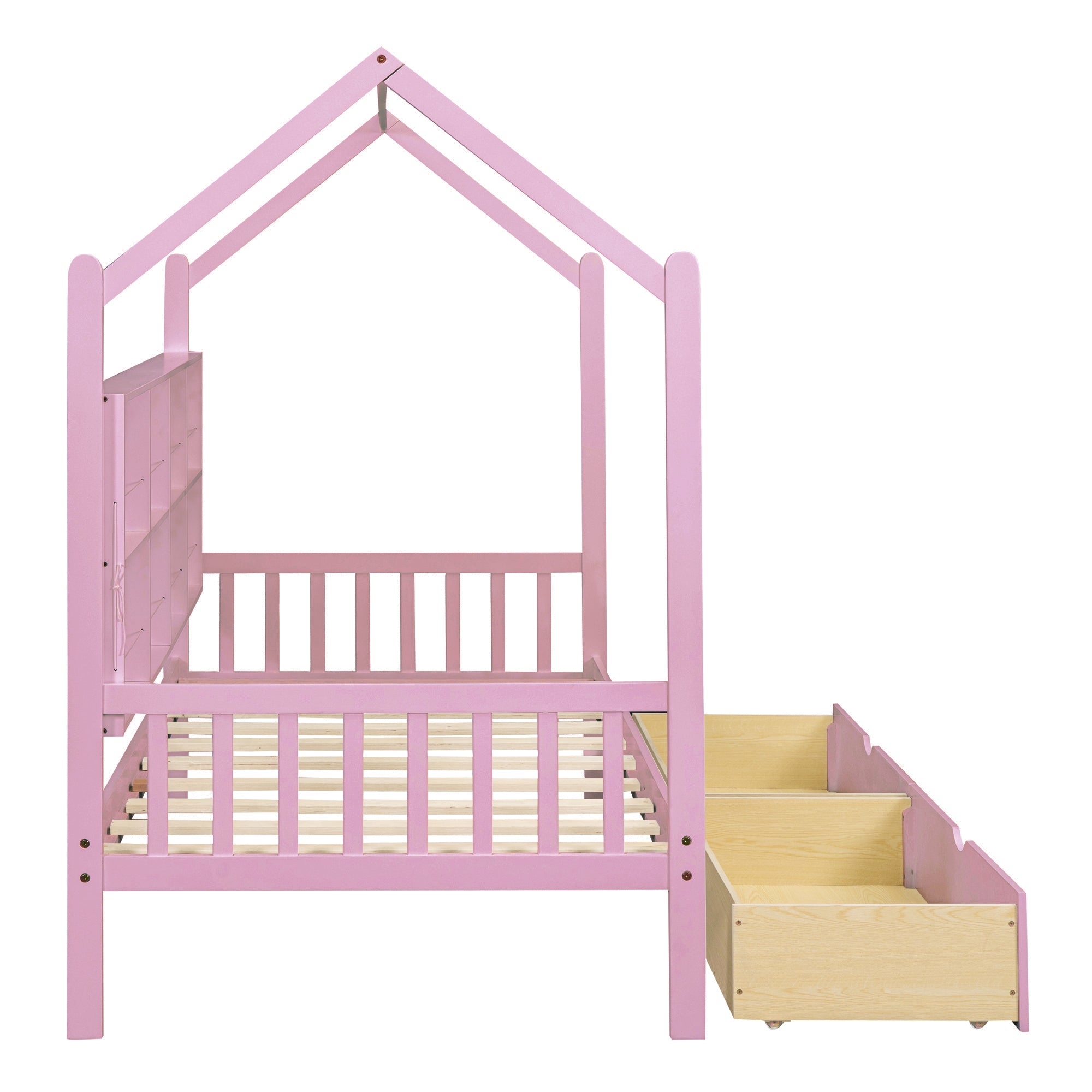 Wooden Twin Size House Bed with 2 Drawers,Kids Bed pink-solid wood