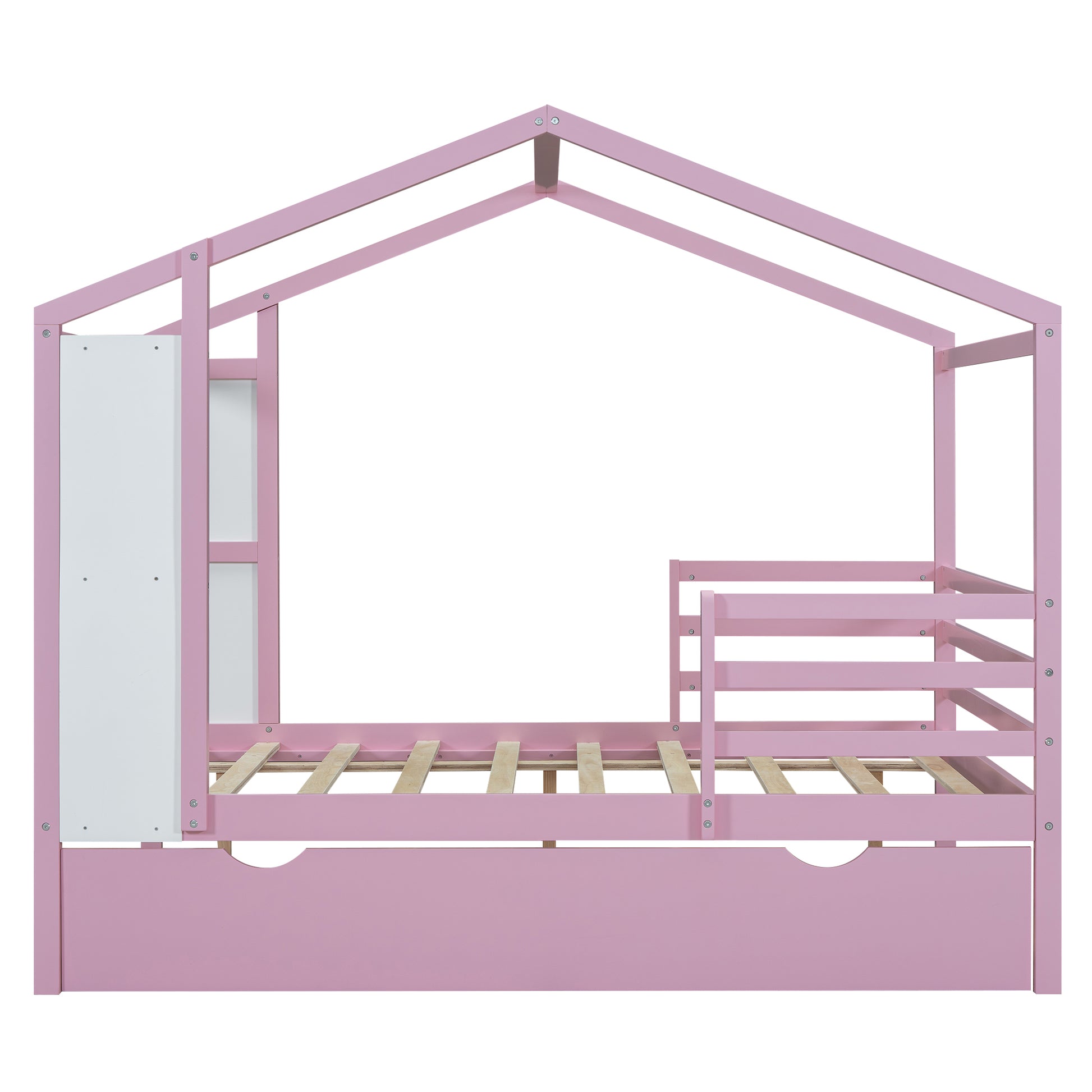Full Size Wood House Bed With Fence And Writing Board, Pink Pink Solid Wood