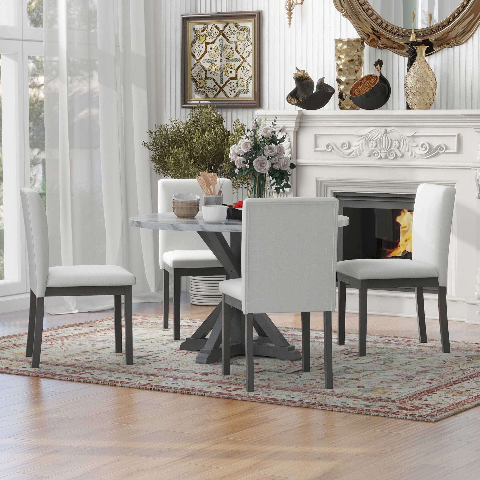 5 Piece Farmhouse Style Dining Table Set, Marble Sticker And Cross Bracket Pedestal Dining Table, And 4 Upholstered Chairs White Gray Upholstered Chair Wood White Gray Seats 4 Wood Dining Room