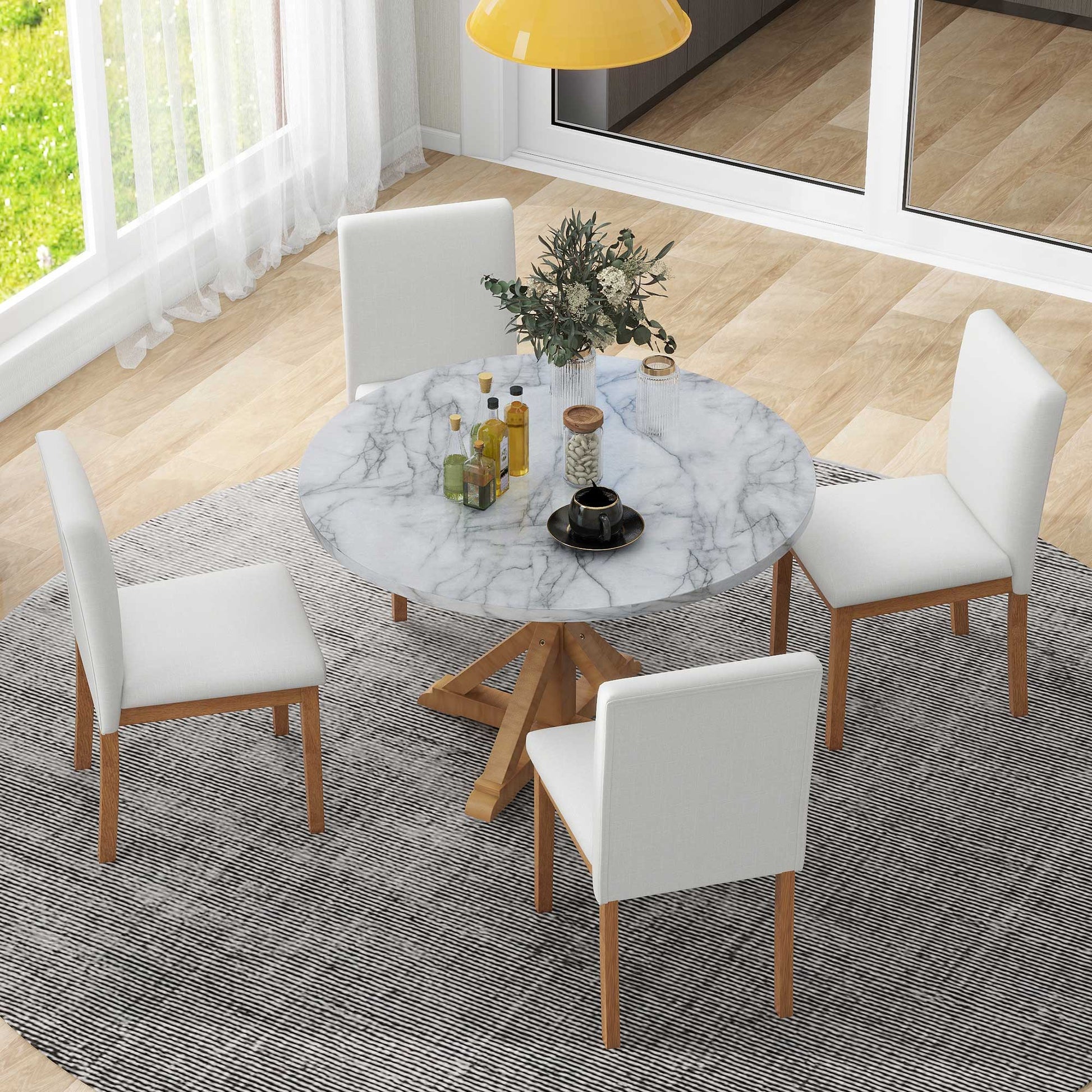 5 Piece Farmhouse Style Dining Table Set, Marble Sticker And Cross Bracket Pedestal Dining Table, And 4 Upholstered Chairs White Walnut Upholstered Chair Wood White Walnut Seats 4 Wood Dining Room