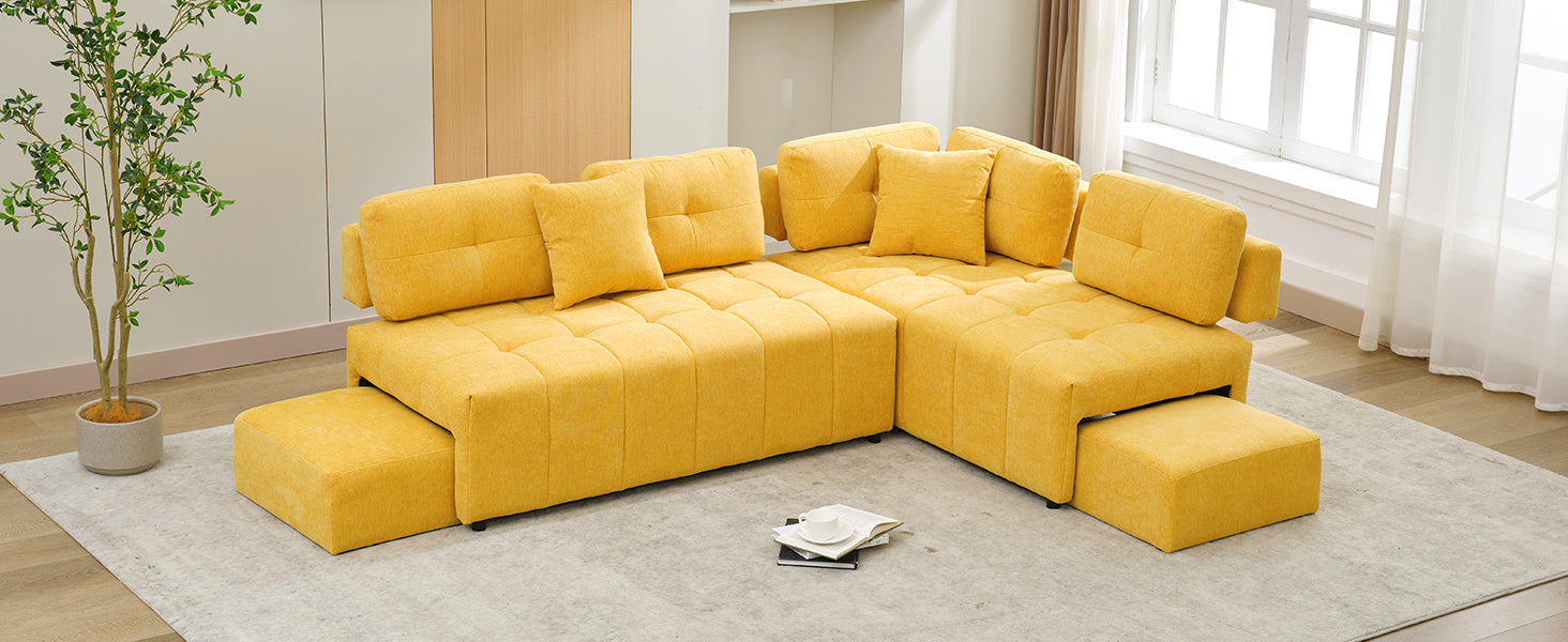 91.73" L Shaped Sofa Sectional Sofa Couch With 2 Stools And 2 Lumbar Pillows For Living Room, Yellow Yellow Chenille