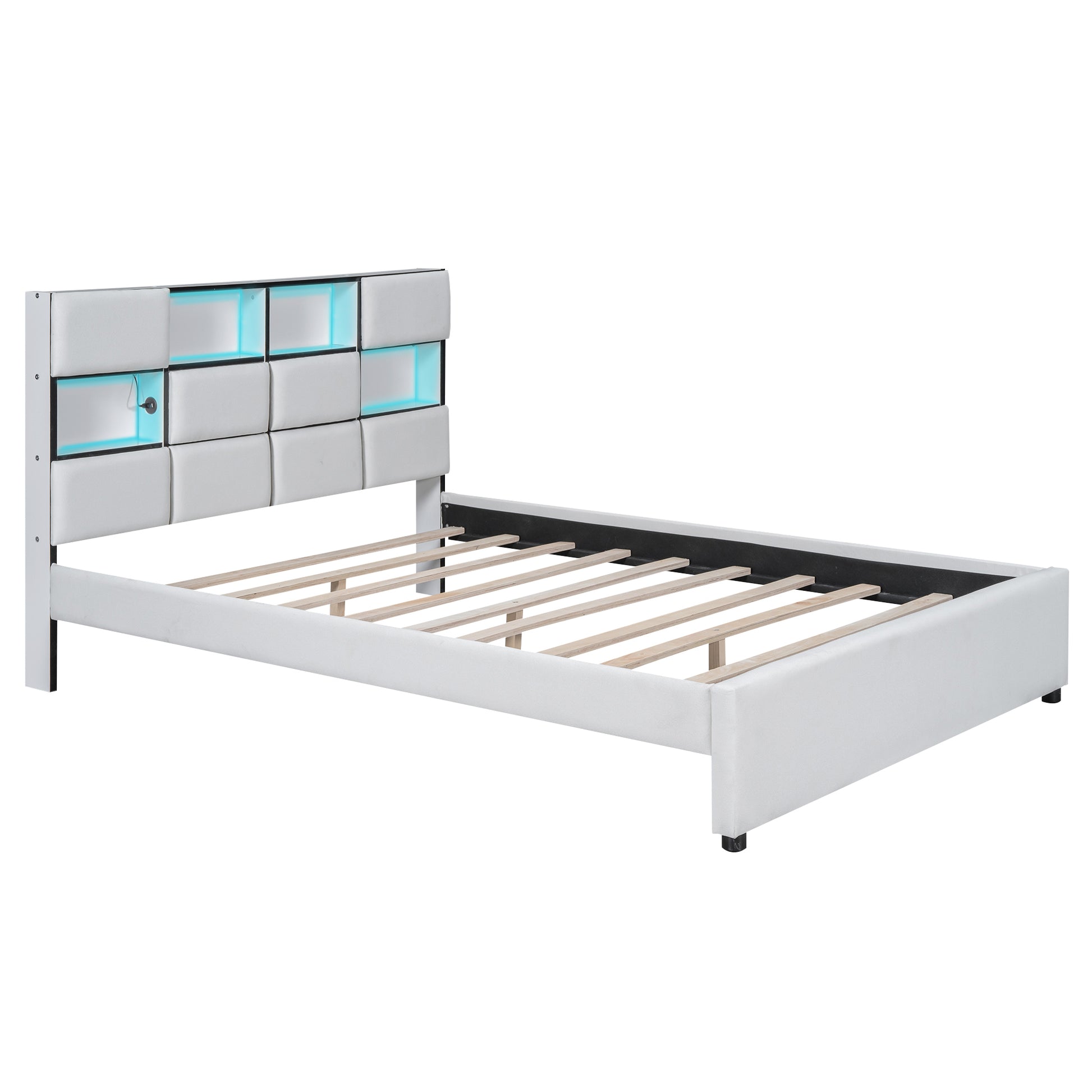 Queen Size Upholstered Platform Bed With Led, Storage And Usb, Beige Box Spring Not Required Queen Beige Wood Bedroom Solid Wood Mdf