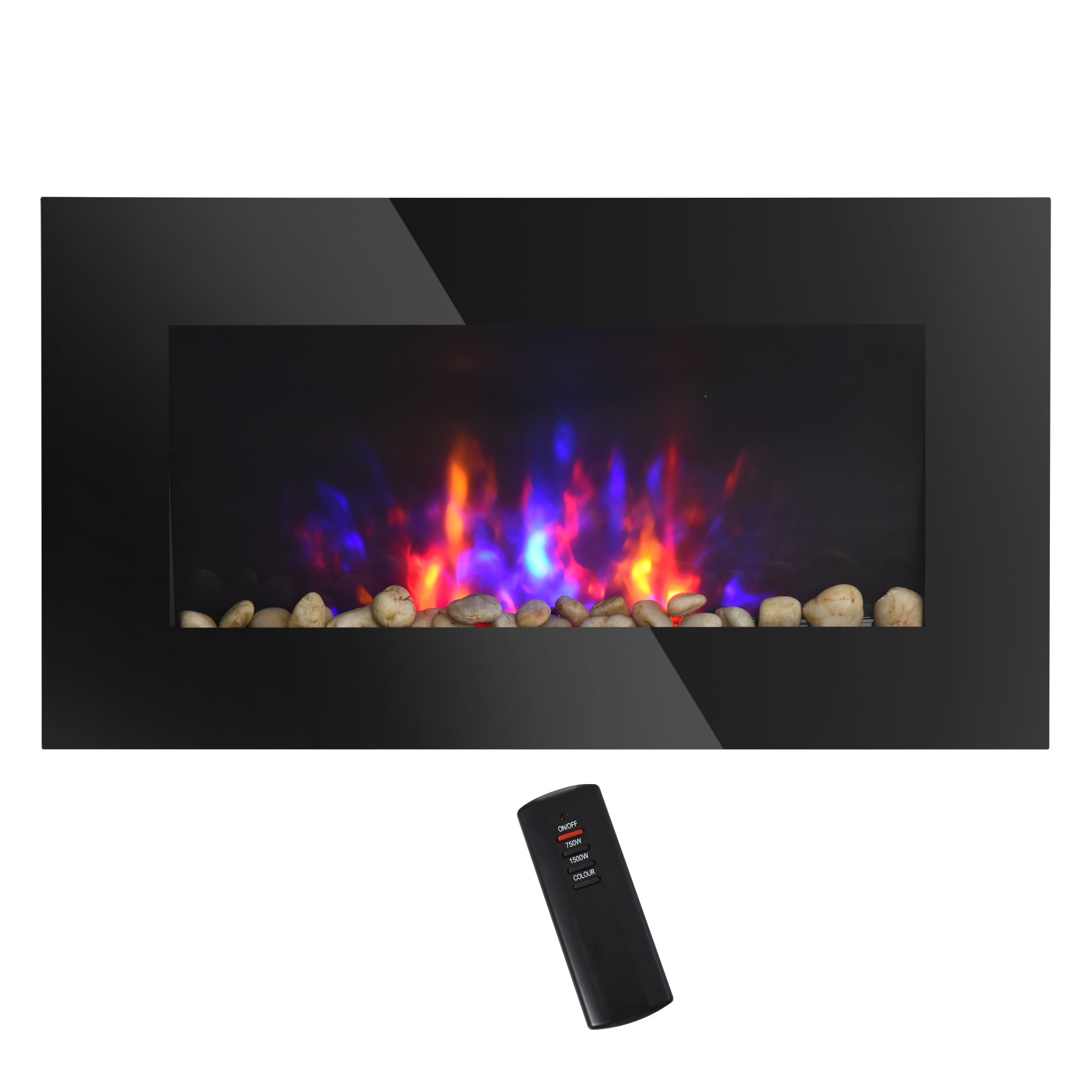 28.5" 1500W Electric Wall Mounted Fireplace With Flame Effect, 7 Color Background Light, Black Black Tempered Glass