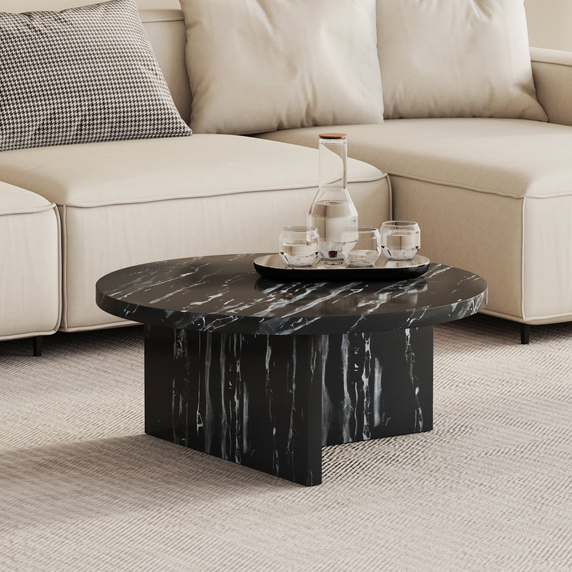 Black Mdf Material Circular Coffee Table With Texture, 31.4 Inch Black Middle Table, Modern Tea Table, Suitable For Small Spaces, Living Room. Black Mdf