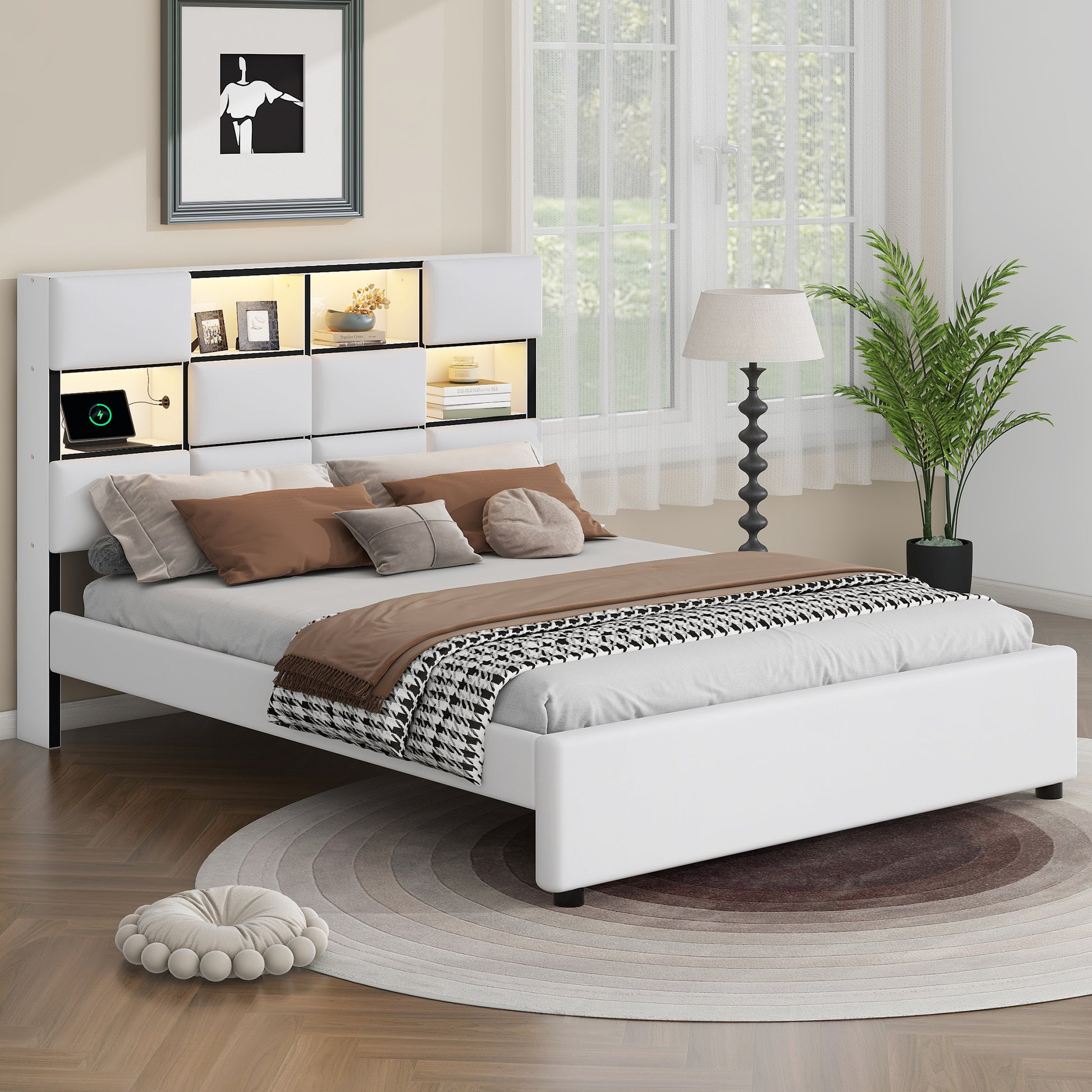 Queen Size Upholstered Platform Bed With Led, Storage And Usb, Beige Box Spring Not Required Queen Beige Wood Bedroom Solid Wood Mdf