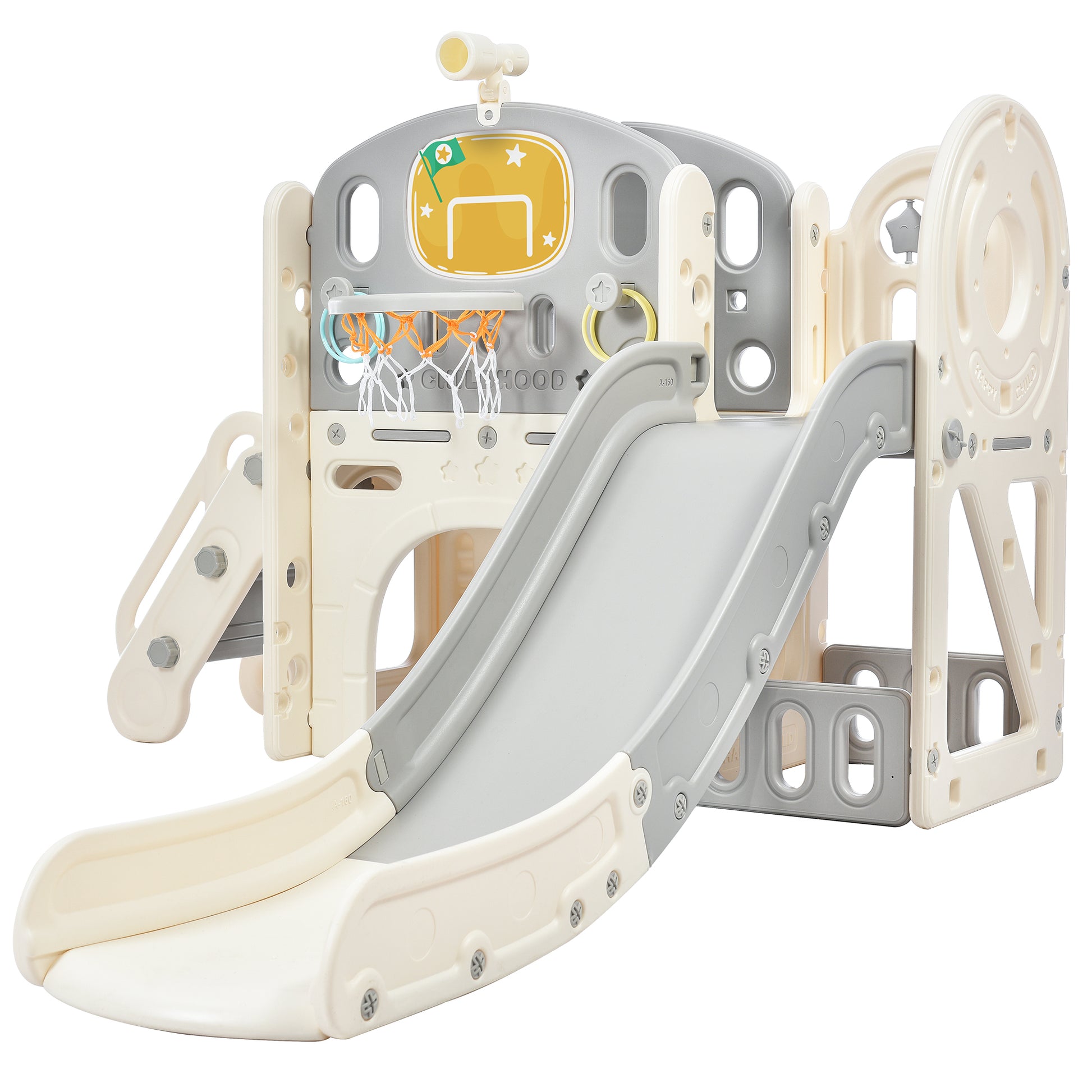 Kids Slide Playset Structure, Freestanding Castle Climbing Crawling Playhouse With Slide, Arch Tunnel, Ring Toss, And Basketball Hoop, Toy Storage Organizer For Toddlers, Kids Climbers Playground Grey White Hdpe