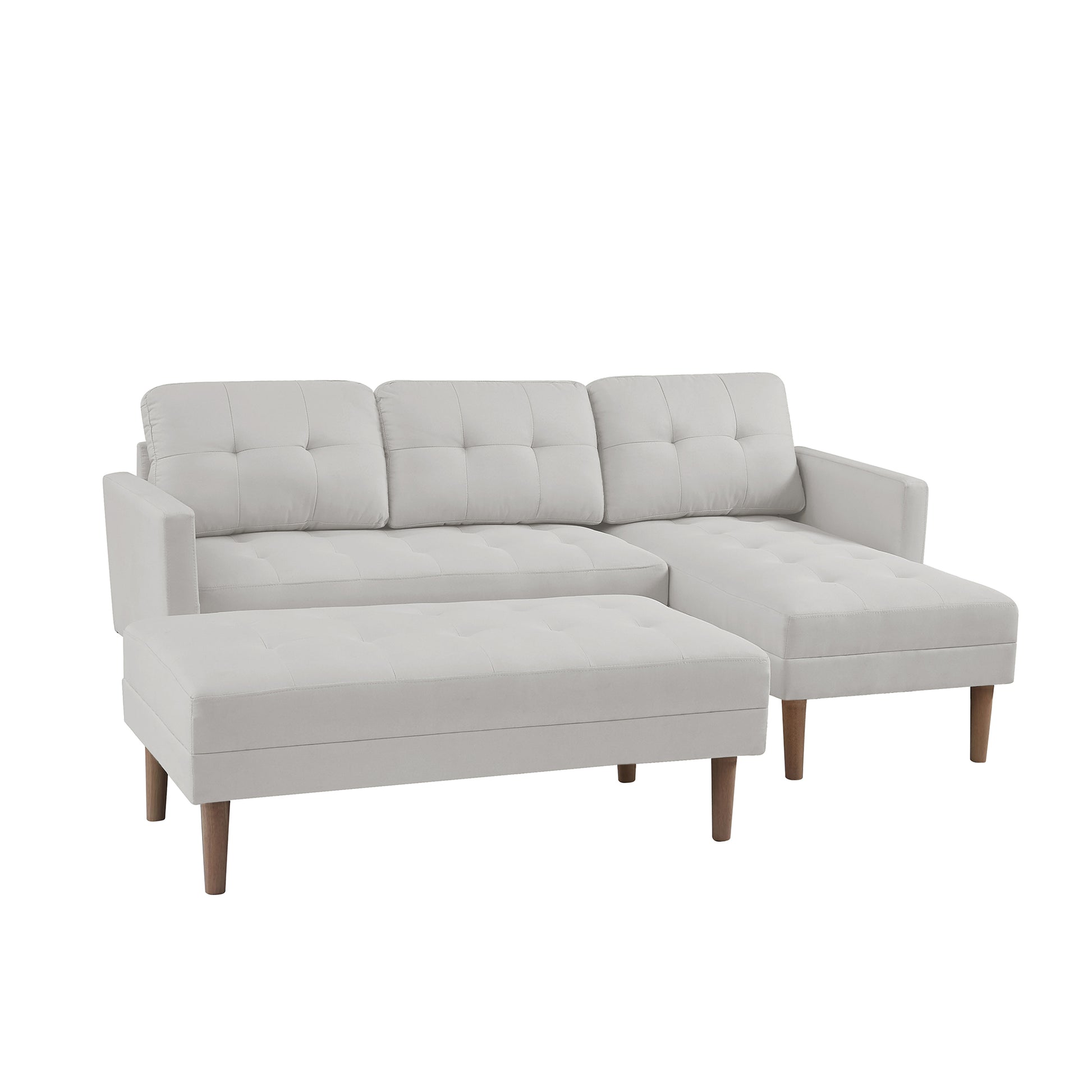 White Fabric Right Facing Sectional Sofa Bedl Shape Sofa Chaise Lounge With Ottoman Bench White Wood Tufted Back Square Arms Foam Fabric 3 Seat